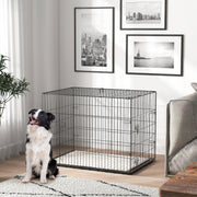 35" Folding Metal Dog Crate with 2 Doors and Cushion - Black-Dogs-DECOROLALA