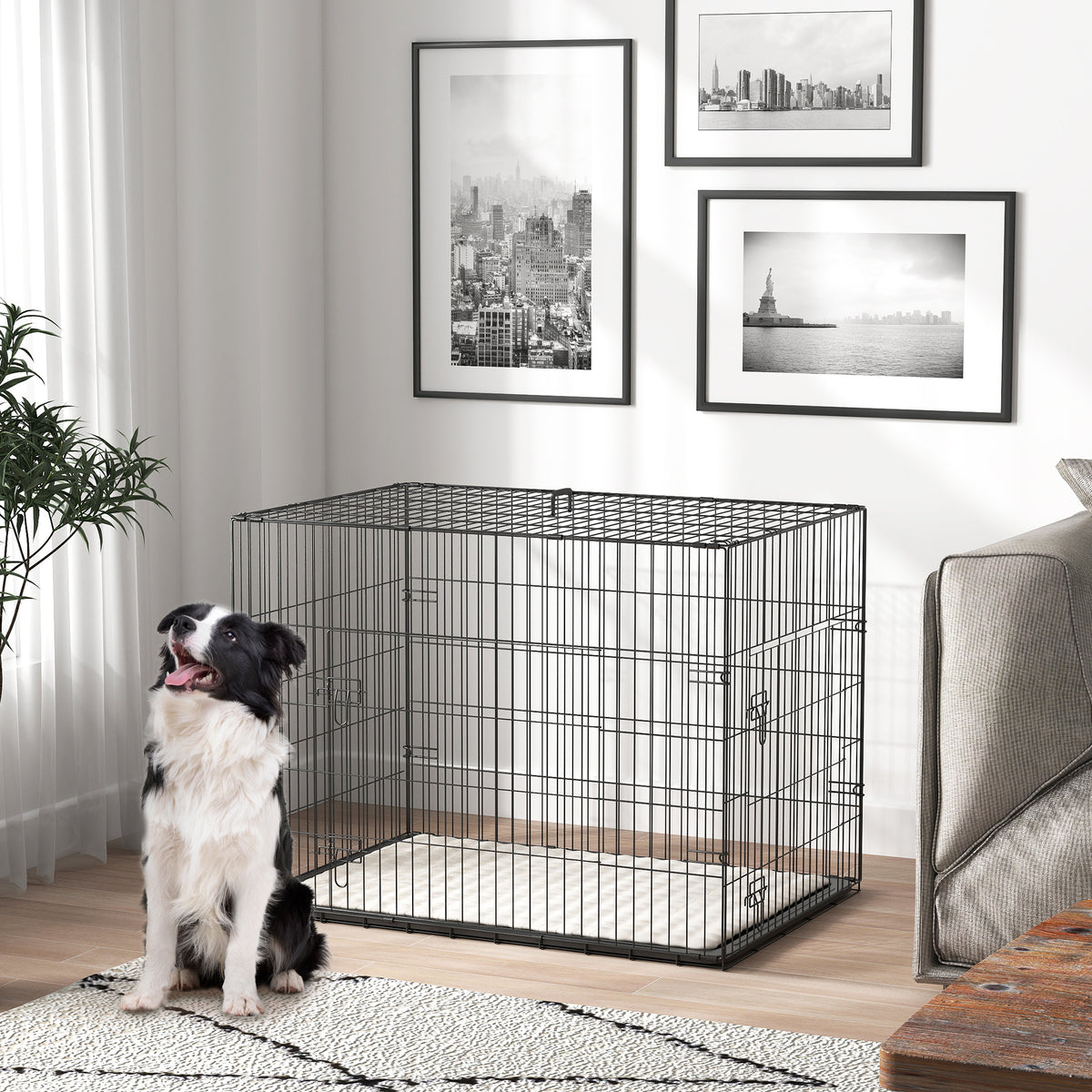 35" Folding Metal Dog Crate with 2 Doors and Cushion - Black-Dogs-DECOROLALA