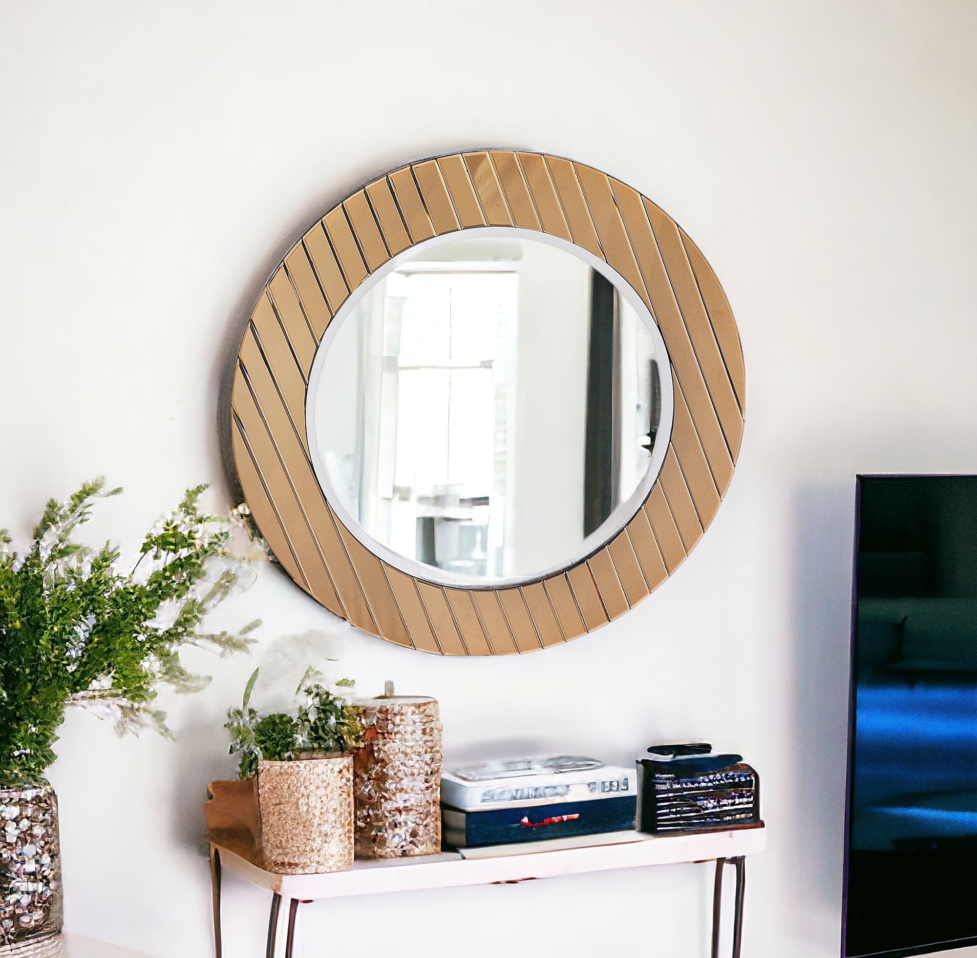 35" Gold Round Glass Framed Accent Mirror-Mirrors-DECOROLALA