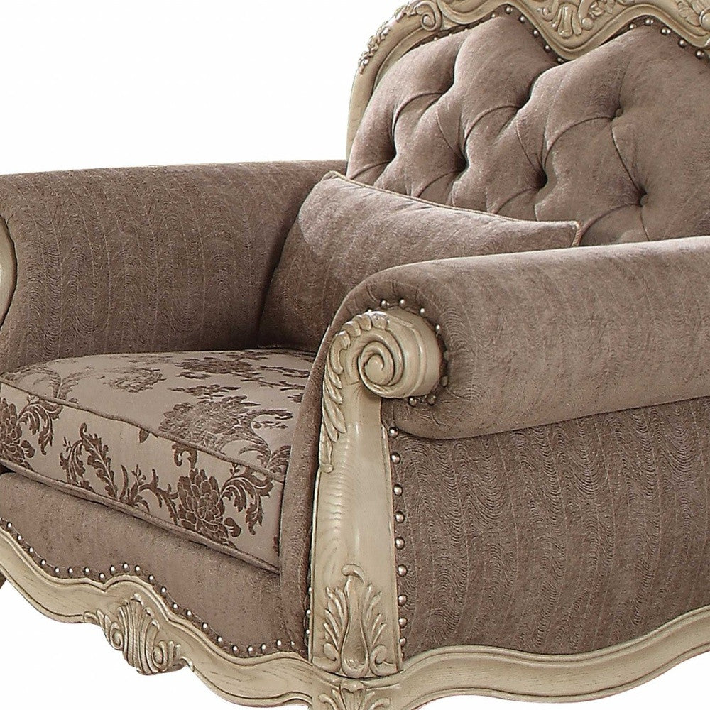 35" Gray and Antiqued White Fabric Floral Tufted Chesterfield Chair And Toss Pillow-Accent Chairs-DECOROLALA