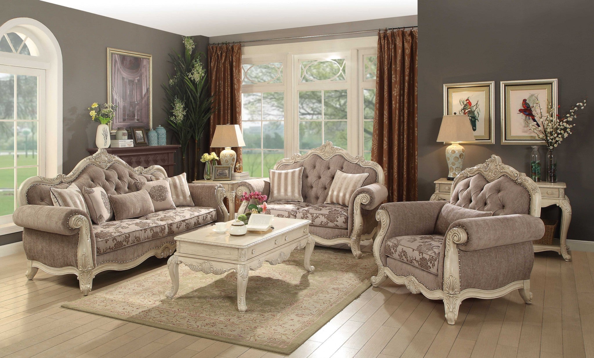 35" Gray and Antiqued White Fabric Floral Tufted Chesterfield Chair And Toss Pillow-Accent Chairs-DECOROLALA
