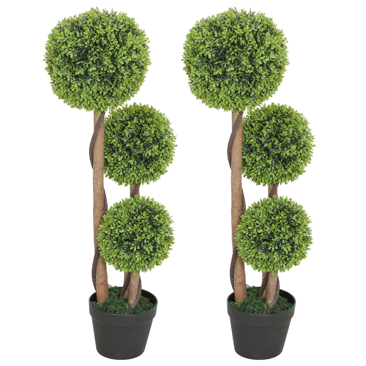 35 Inch 2 Pack Potted Fake Plant, Artificial Boxwood Topiary Trees, Triple Ball Tree for Indoor and Outdoor, Light Green-Artificial Trees-DECOROLALA