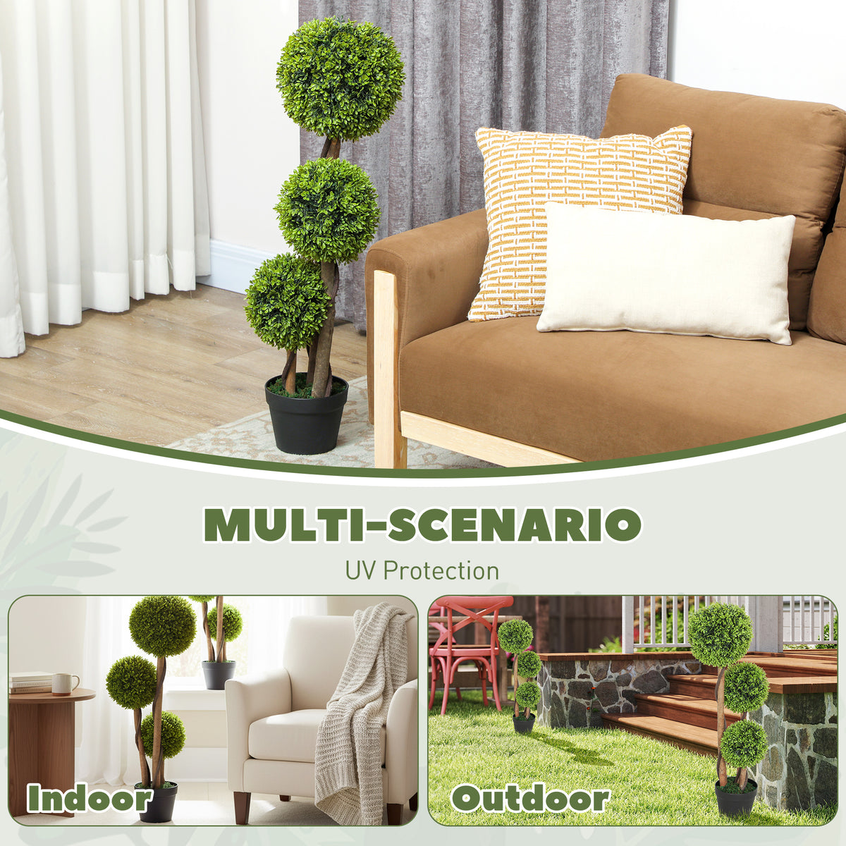 35 Inch 2 Pack Potted Fake Plant, Artificial Boxwood Topiary Trees, Triple Ball Tree for Indoor and Outdoor, Light Green-Artificial Trees-DECOROLALA