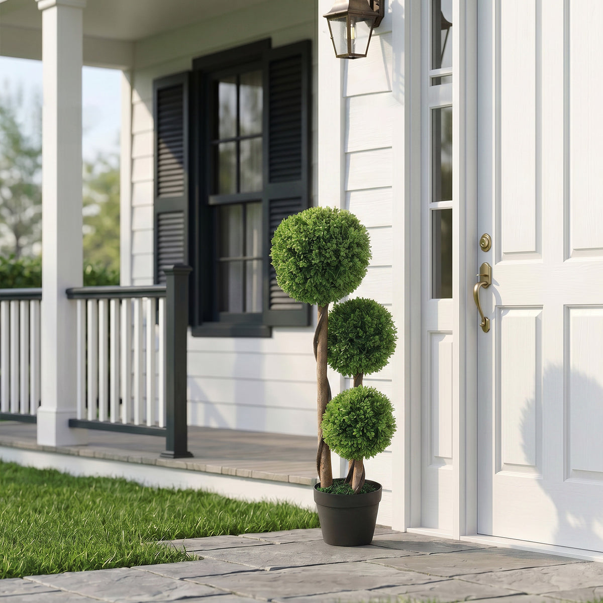 35 Inch 2 Pack Potted Fake Plant, Artificial Boxwood Topiary Trees, Triple Ball Tree for Indoor and Outdoor, Light Green-Artificial Trees-DECOROLALA
