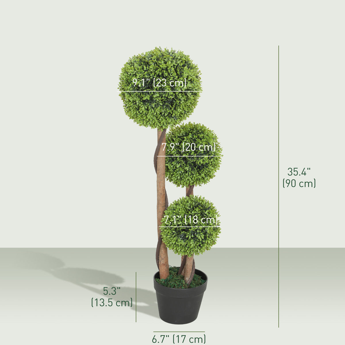 35 Inch 2 Pack Potted Fake Plant, Artificial Boxwood Topiary Trees, Triple Ball Tree for Indoor and Outdoor, Light Green-Artificial Trees-DECOROLALA