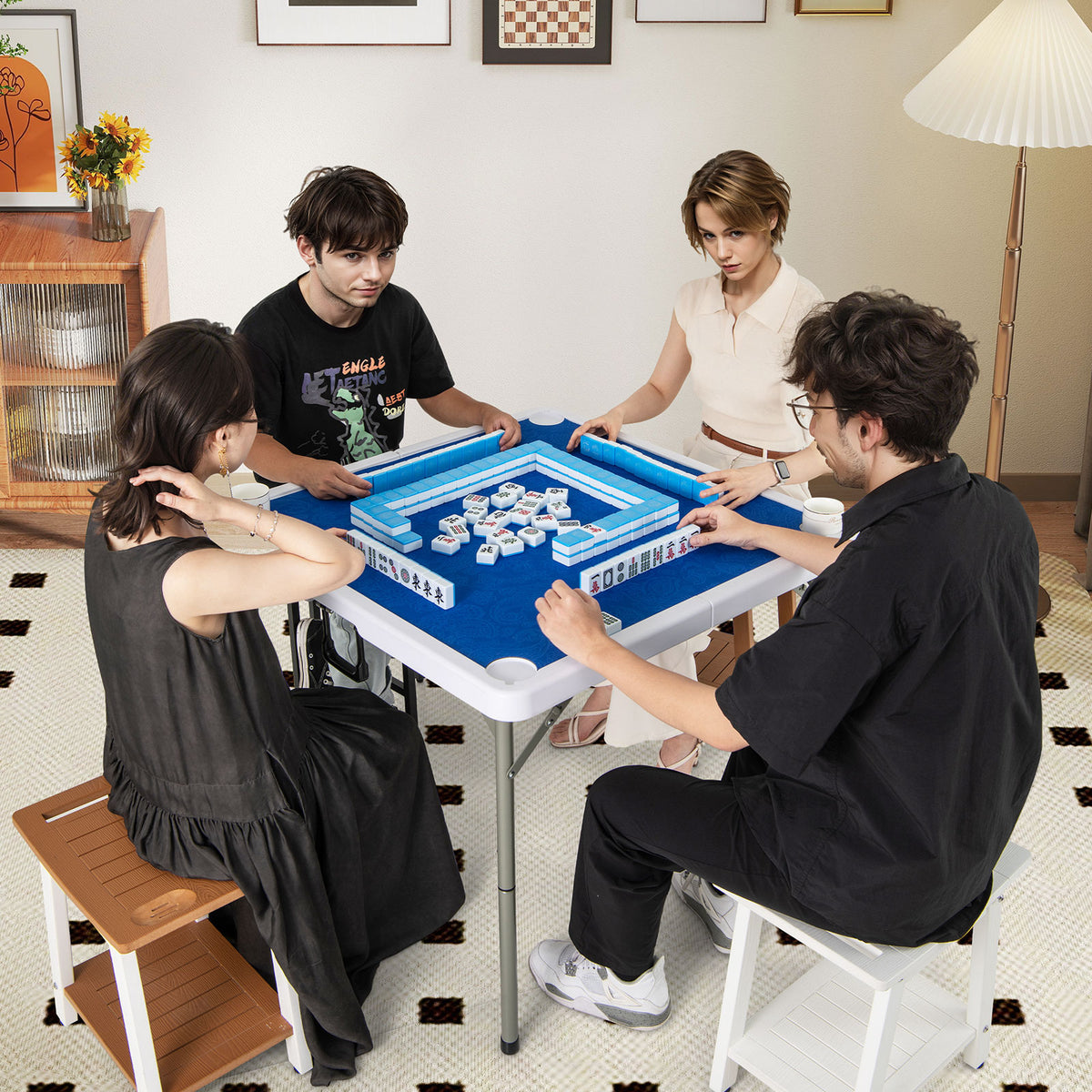35 Inch 4 Player Game Card Folding Mahjong Table with Cup Holders