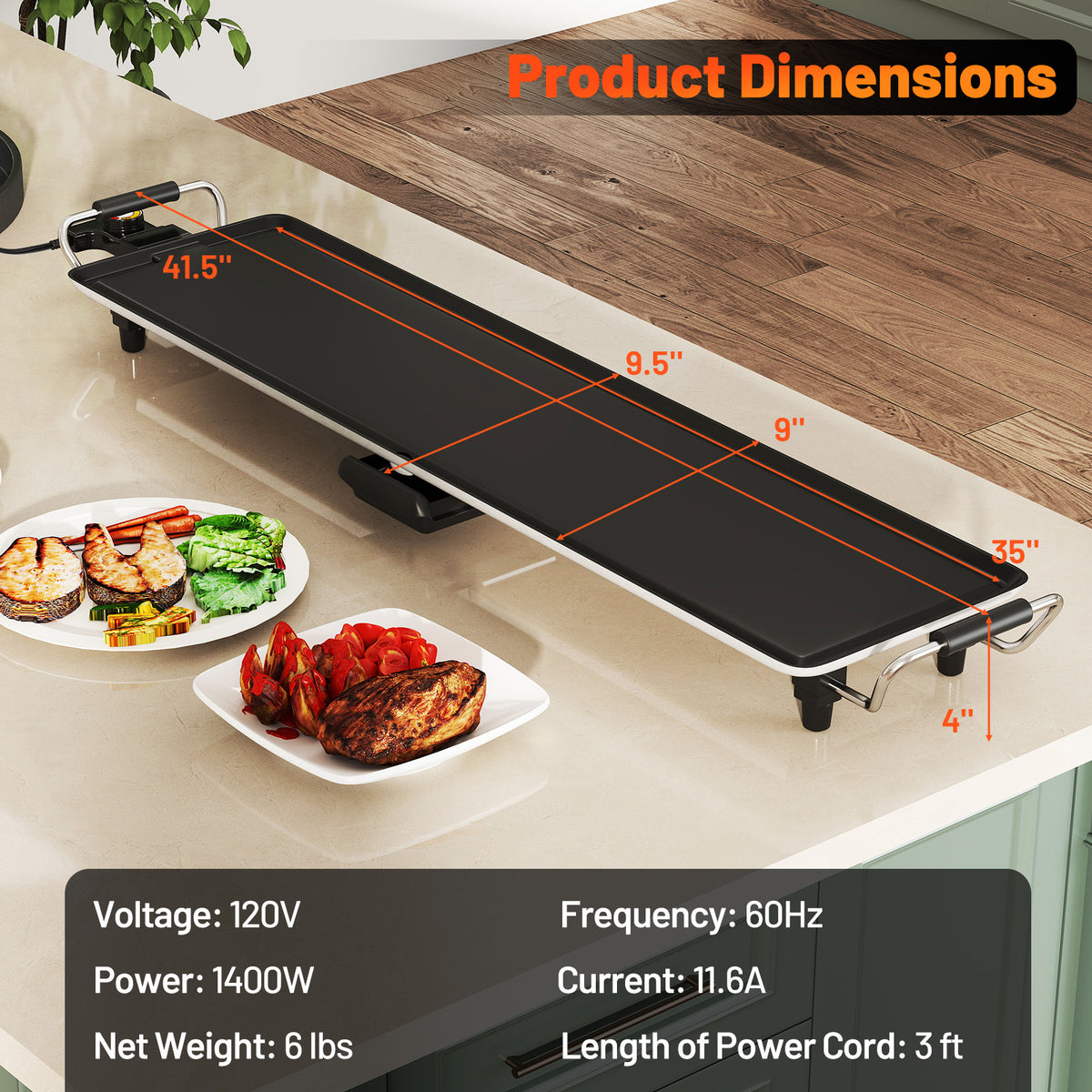 35 Inch Extra Large Electric Griddle with Adjustable Temperature Thermostats and Drip Tray-Cookware & Bakeware-DECOROLALA