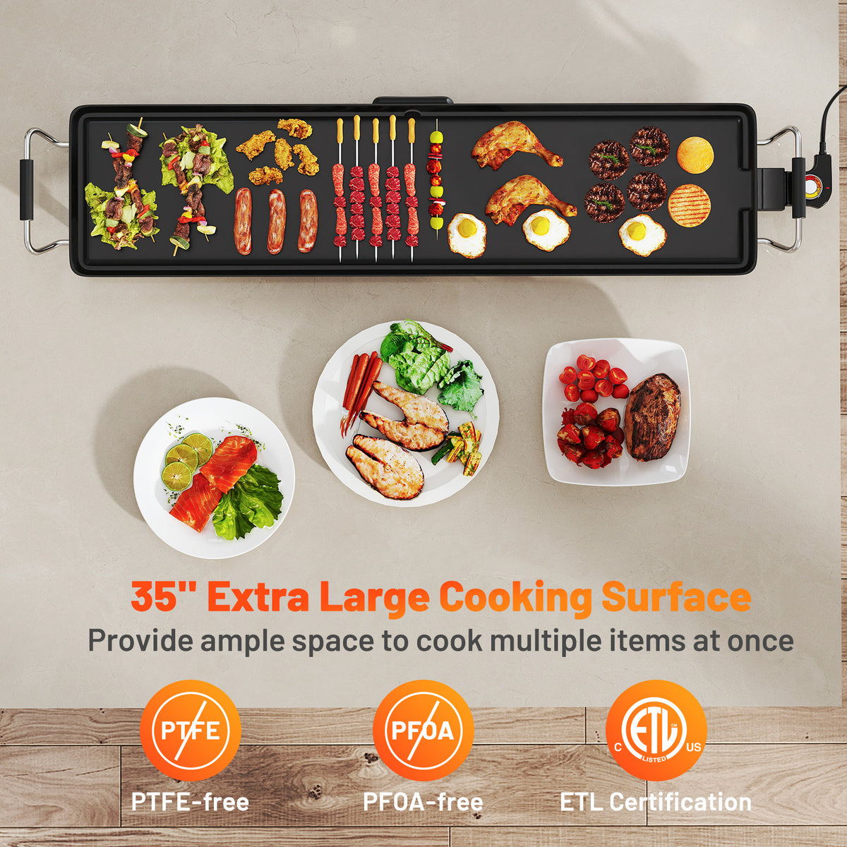 35 Inch Extra Large Electric Griddle with Adjustable Temperature Thermostats and Drip Tray-Cookware & Bakeware-DECOROLALA
