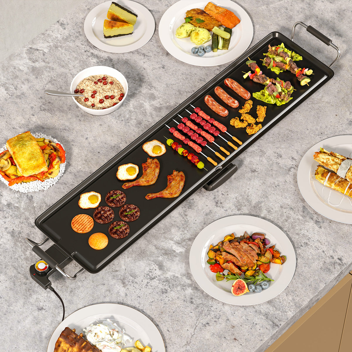 35 Inch Extra Large Electric Griddle with Adjustable Temperature Thermostats and Drip Tray-Cookware & Bakeware-DECOROLALA