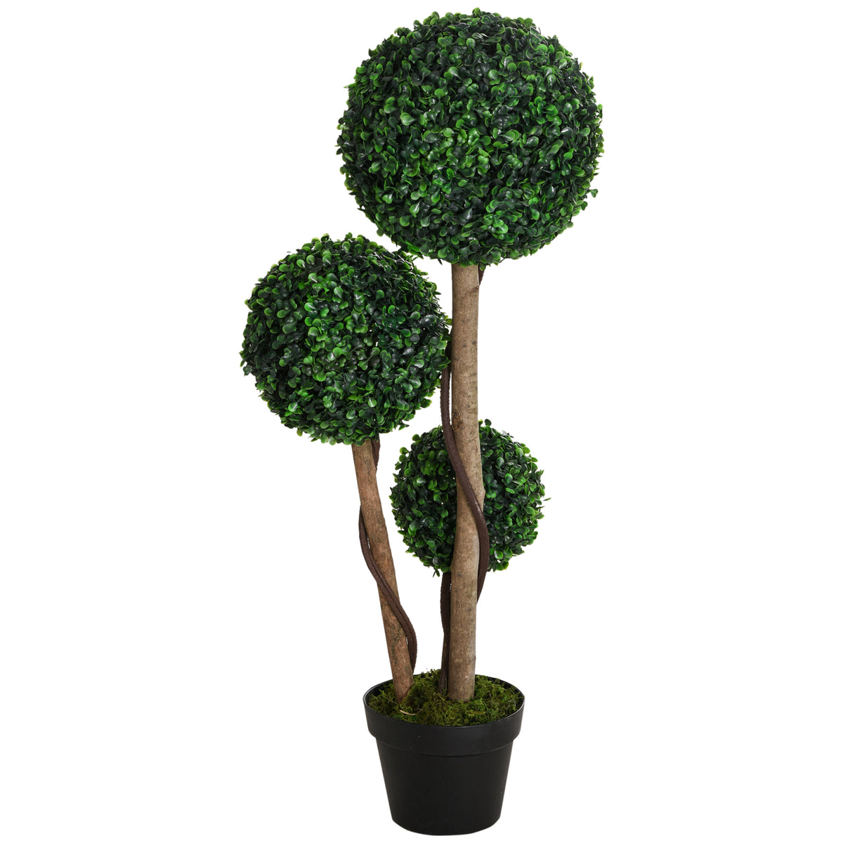 35 Inch Potted Fake Plant, Artificial Boxwood Topiary Tree, Triple Ball Tree for Indoor and Outdoor, Dark Green-Artificial Trees-DECOROLALA