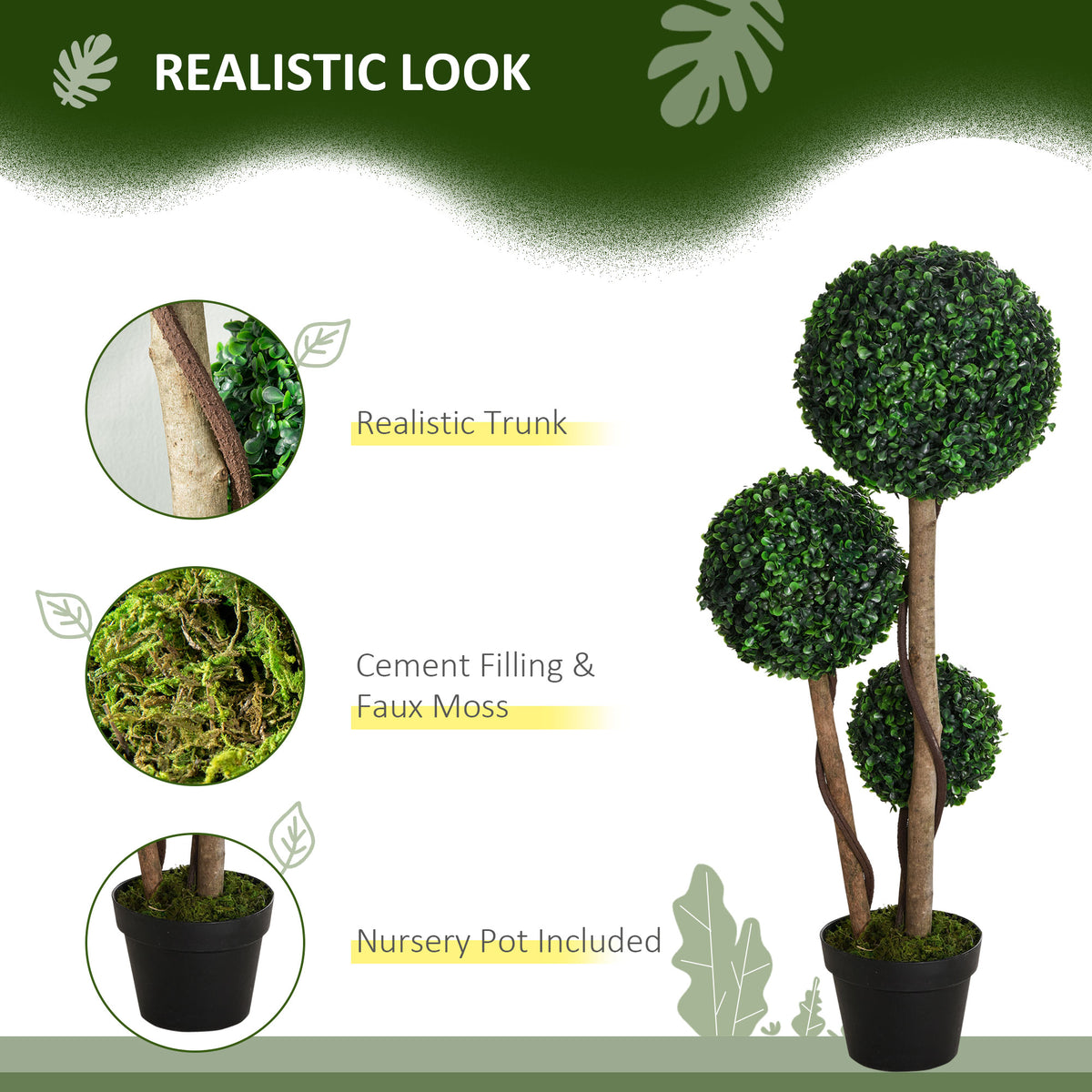 35 Inch Potted Fake Plant, Artificial Boxwood Topiary Tree, Triple Ball Tree for Indoor and Outdoor, Dark Green-Artificial Trees-DECOROLALA