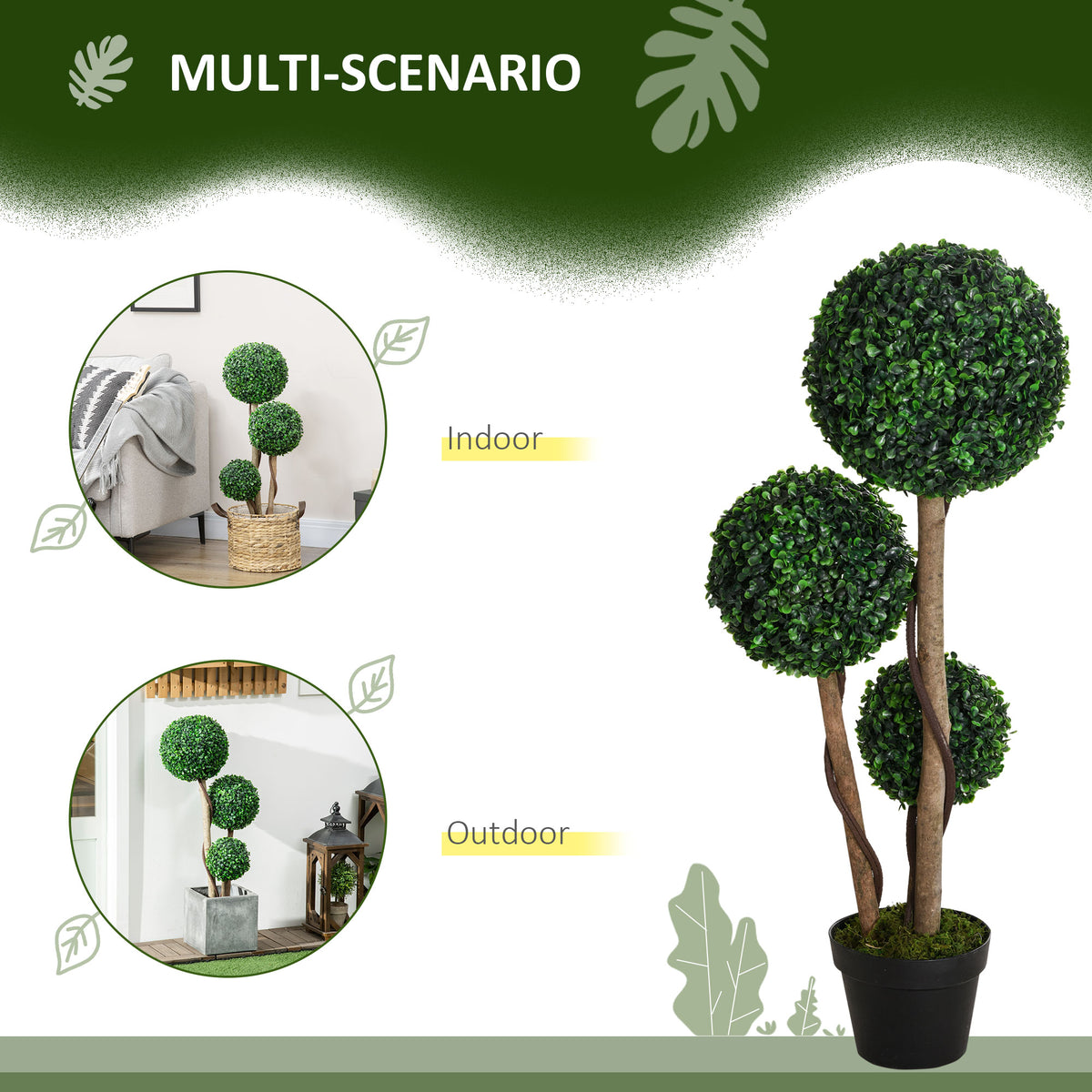 35 Inch Potted Fake Plant, Artificial Boxwood Topiary Tree, Triple Ball Tree for Indoor and Outdoor, Dark Green-Artificial Trees-DECOROLALA