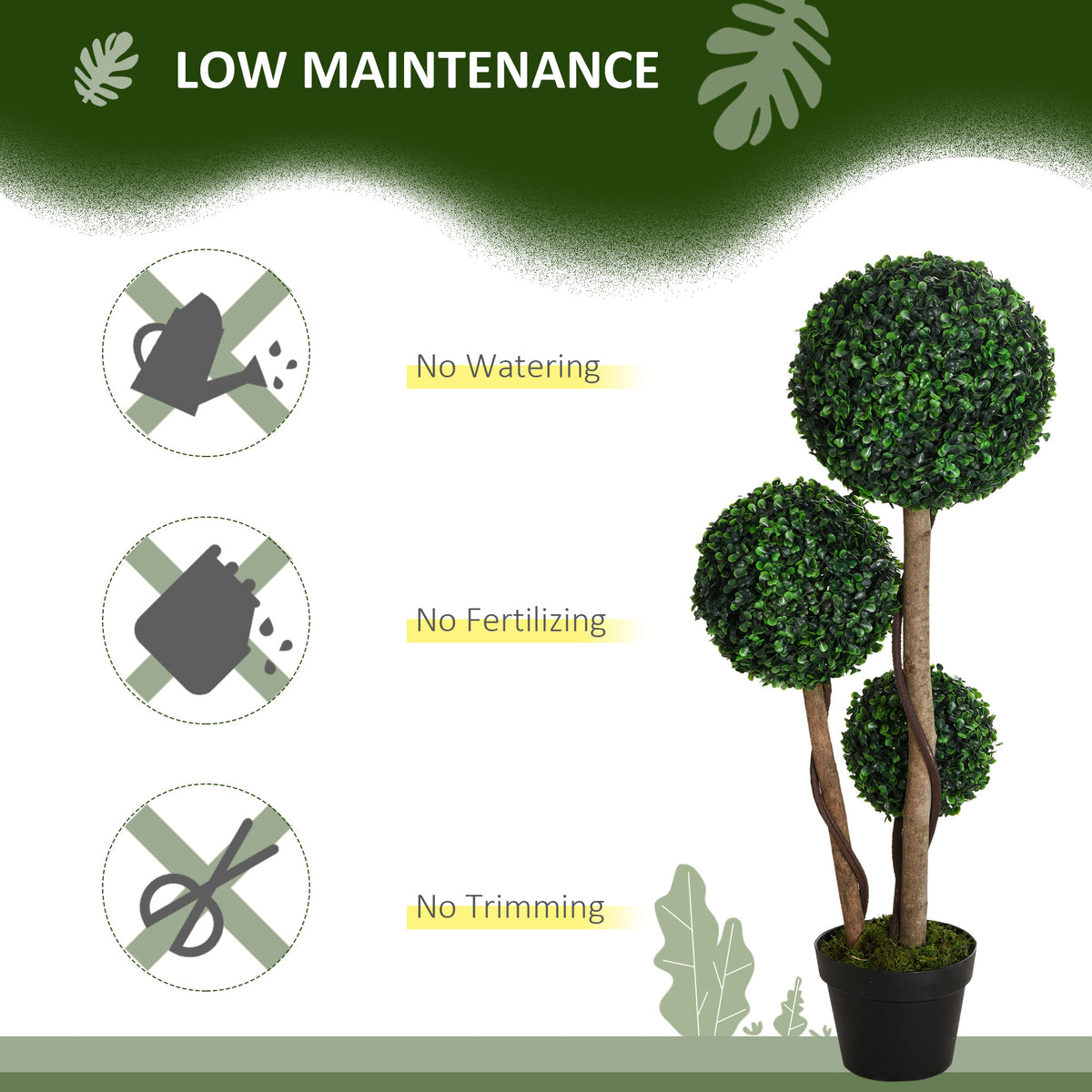 35 Inch Potted Fake Plant, Artificial Boxwood Topiary Tree, Triple Ball Tree for Indoor and Outdoor, Dark Green-Artificial Trees-DECOROLALA