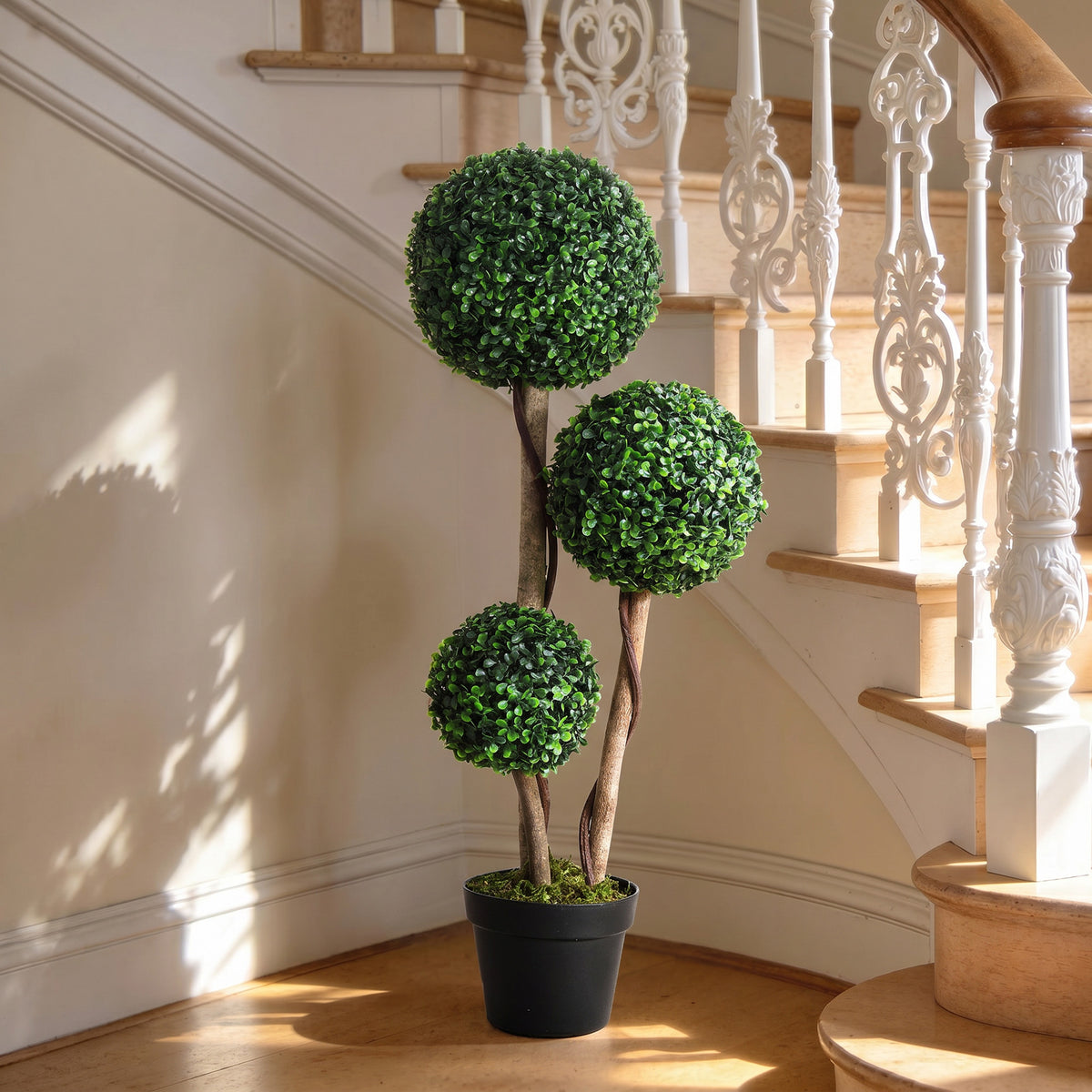 35 Inch Potted Fake Plant, Artificial Boxwood Topiary Tree, Triple Ball Tree for Indoor and Outdoor, Dark Green-Artificial Trees-DECOROLALA