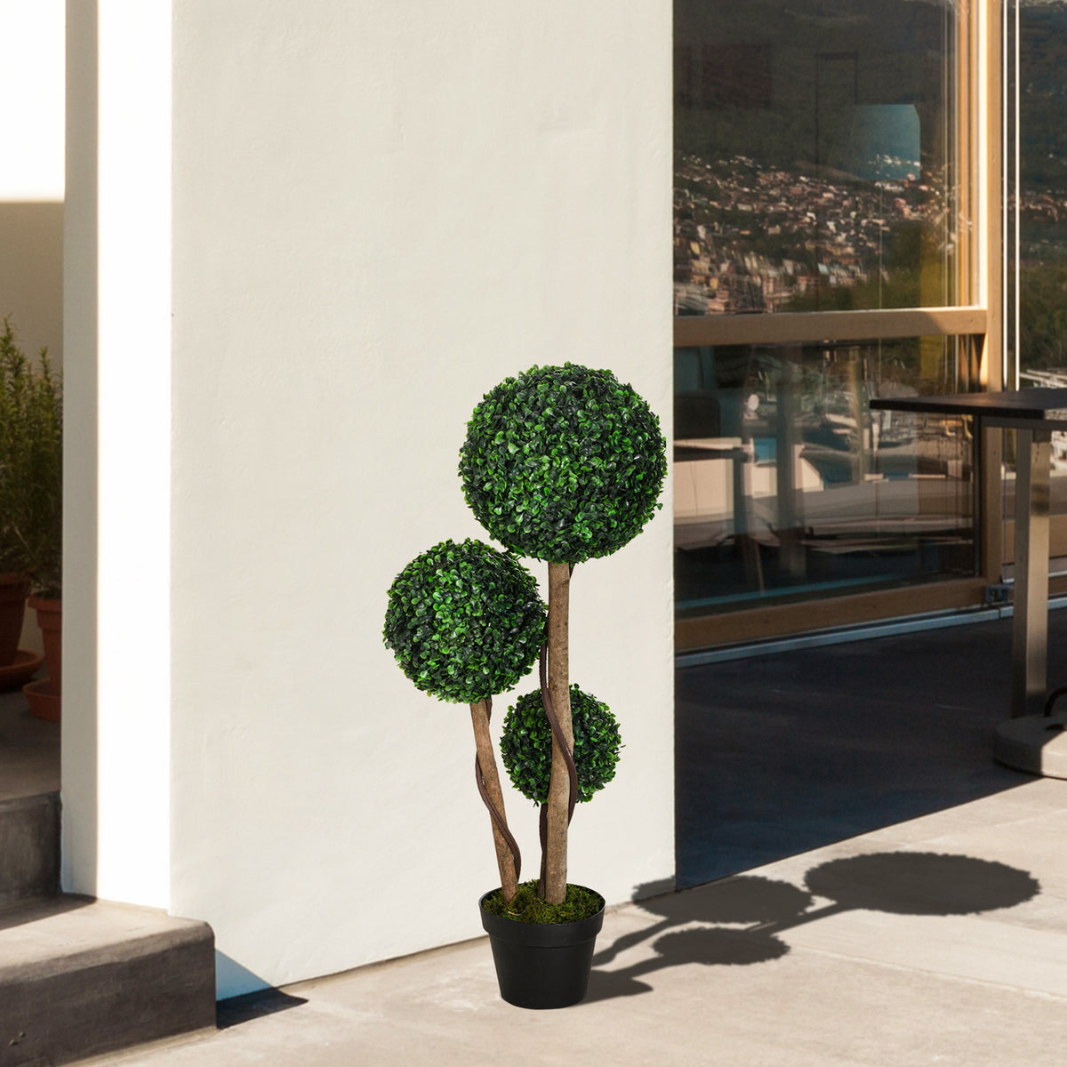 35 Inch Potted Fake Plant, Artificial Boxwood Topiary Tree, Triple Ball Tree for Indoor and Outdoor, Dark Green-Artificial Trees-DECOROLALA
