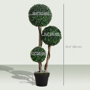 35 Inch Potted Fake Plant, Artificial Boxwood Topiary Tree, Triple Ball Tree for Indoor and Outdoor, Dark Green-Artificial Trees-DECOROLALA