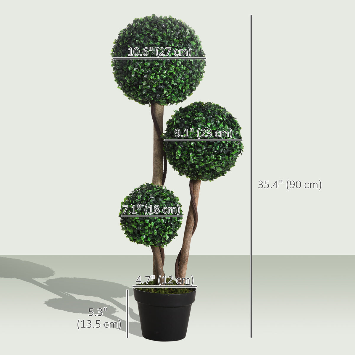 35 Inch Potted Fake Plant, Artificial Boxwood Topiary Tree, Triple Ball Tree for Indoor and Outdoor, Dark Green-Artificial Trees-DECOROLALA