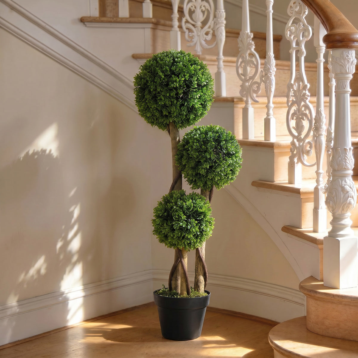 35 Inch Potted Fake Plant, Artificial Boxwood Topiary Tree, Triple Ball Tree for Indoor and Outdoor, Green-Artificial Trees-DECOROLALA