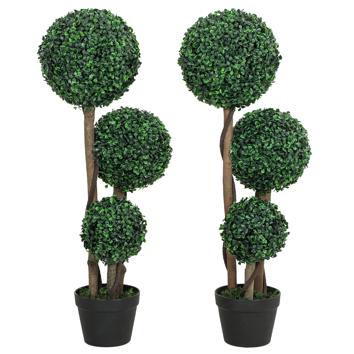 35 Inch Potted Fake Plant Set of 2, Artificial Boxwood Topiary Tree, Triple Ball Tree for Indoor and Outdoor, Green-Artificial Trees-DECOROLALA