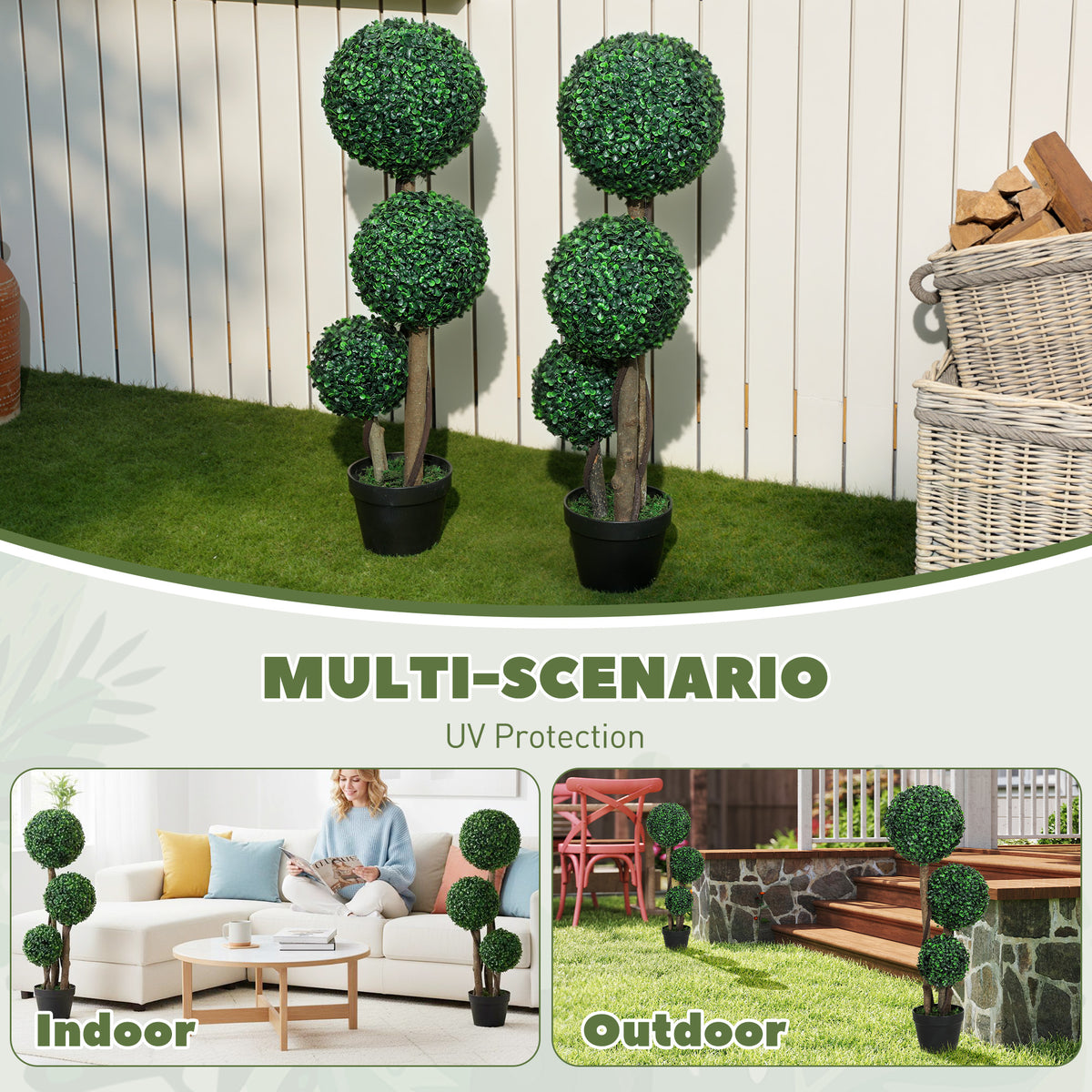 35 Inch Potted Fake Plant Set of 2, Artificial Boxwood Topiary Tree, Triple Ball Tree for Indoor and Outdoor, Green-Artificial Trees-DECOROLALA
