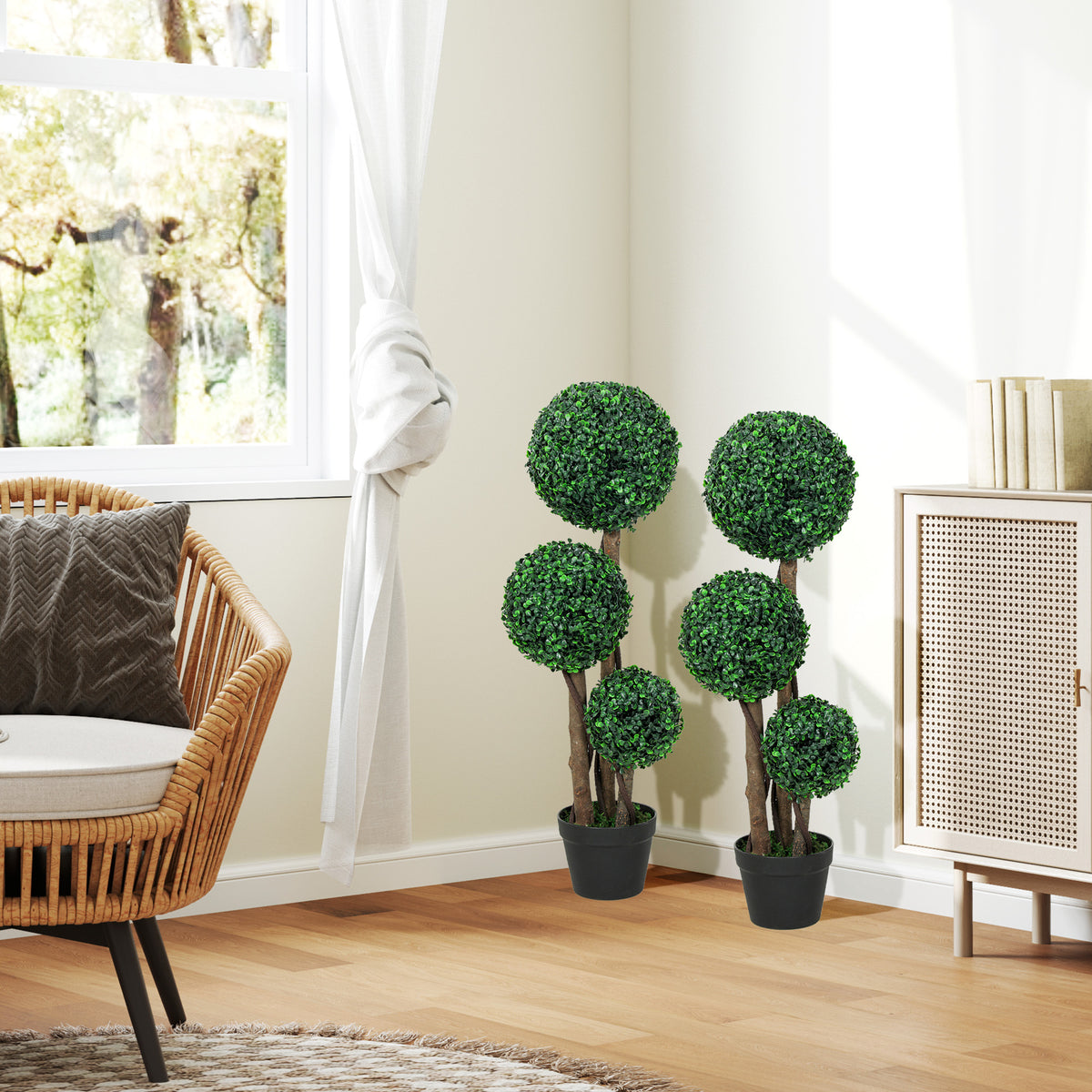 35 Inch Potted Fake Plant Set of 2, Artificial Boxwood Topiary Tree, Triple Ball Tree for Indoor and Outdoor, Green-Artificial Trees-DECOROLALA