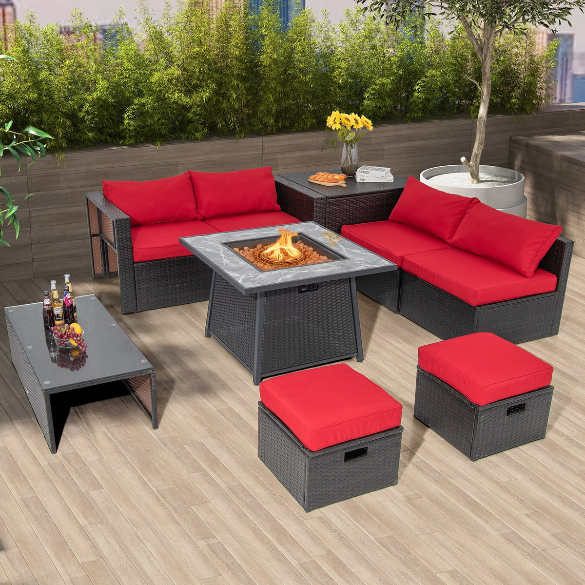35 Inch Propane Gas Fire Pit Table Wicker Rattan with Lava Rocks PVC Cover-Black-Fire Pit Tables-DECOROLALA