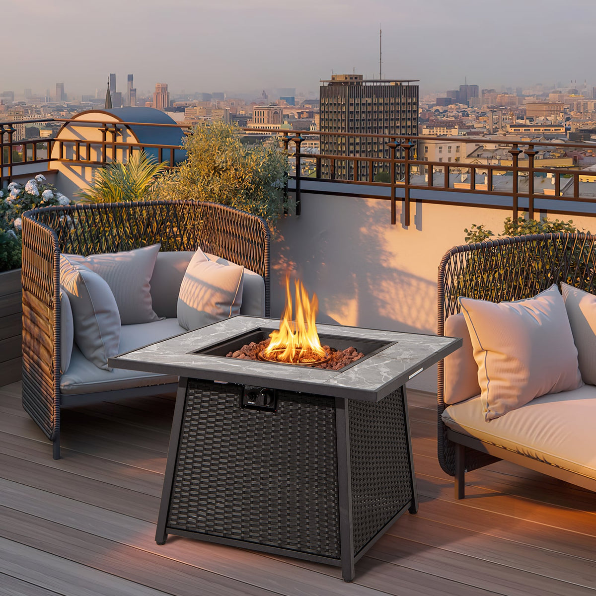 35 Inch Propane Gas Fire Pit Table Wicker Rattan with Lava Rocks PVC Cover-Black-Fire Pit Tables-DECOROLALA