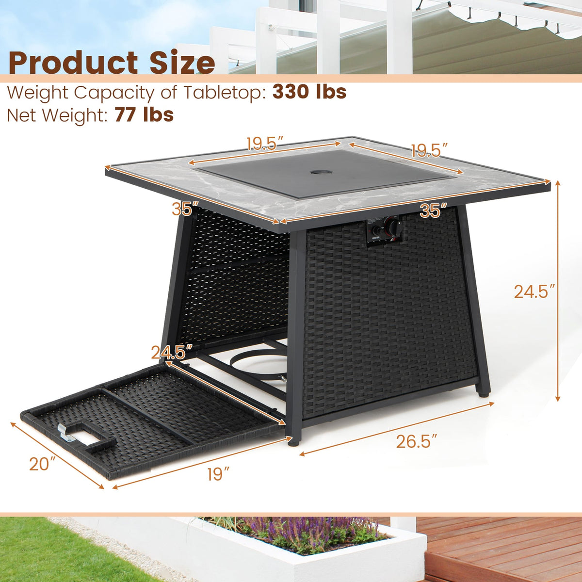 35 Inch Propane Gas Fire Pit Table Wicker Rattan with Lava Rocks PVC Cover-Black-Fire Pit Tables-DECOROLALA