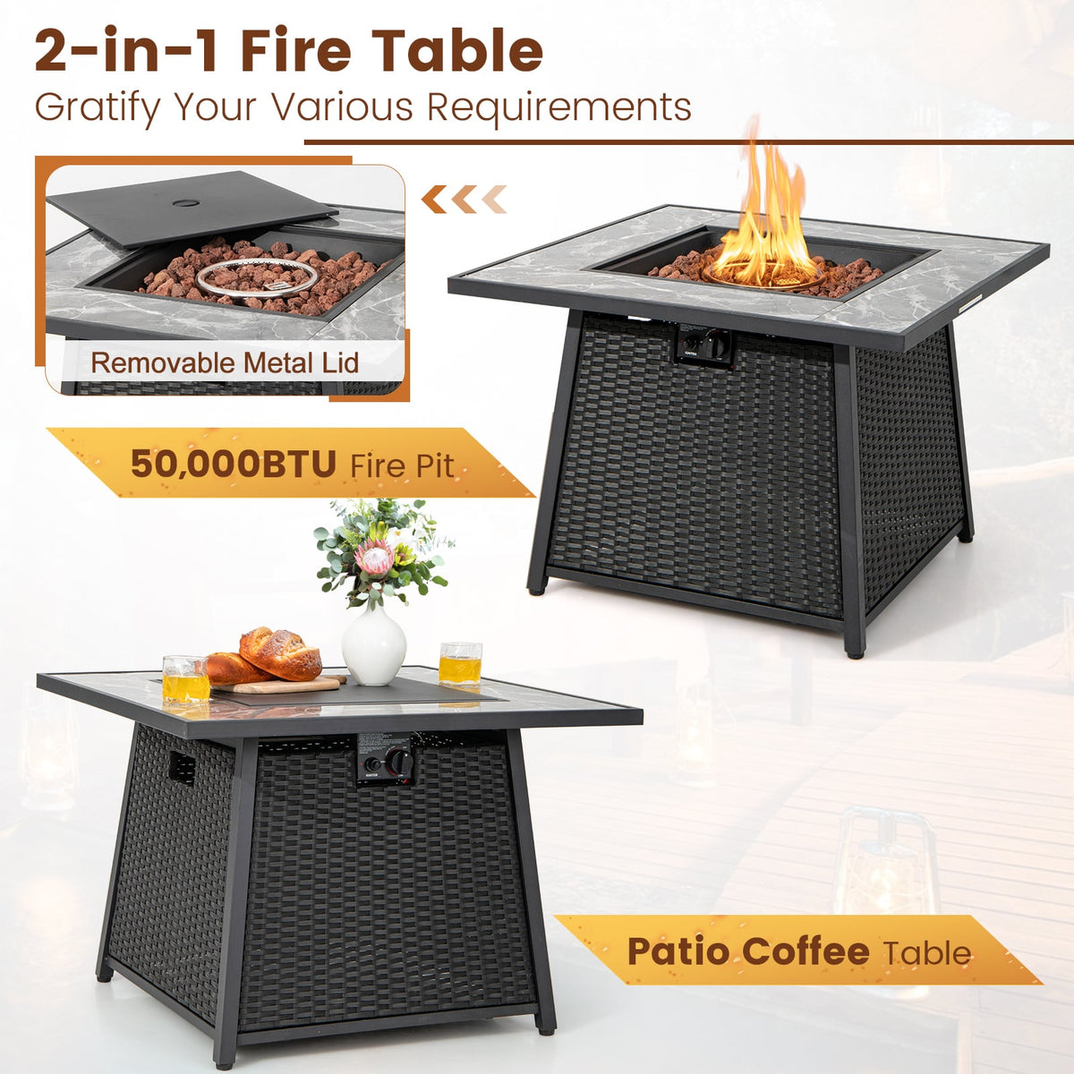 35 Inch Propane Gas Fire Pit Table Wicker Rattan with Lava Rocks PVC Cover-Black-Fire Pit Tables-DECOROLALA