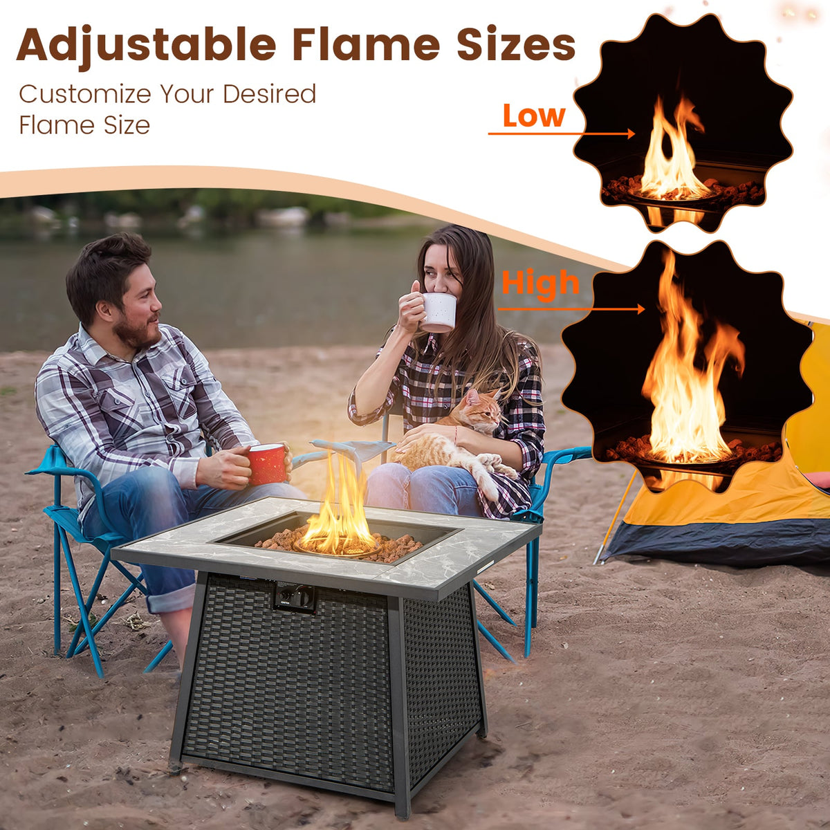 35 Inch Propane Gas Fire Pit Table Wicker Rattan with Lava Rocks PVC Cover-Black-Fire Pit Tables-DECOROLALA