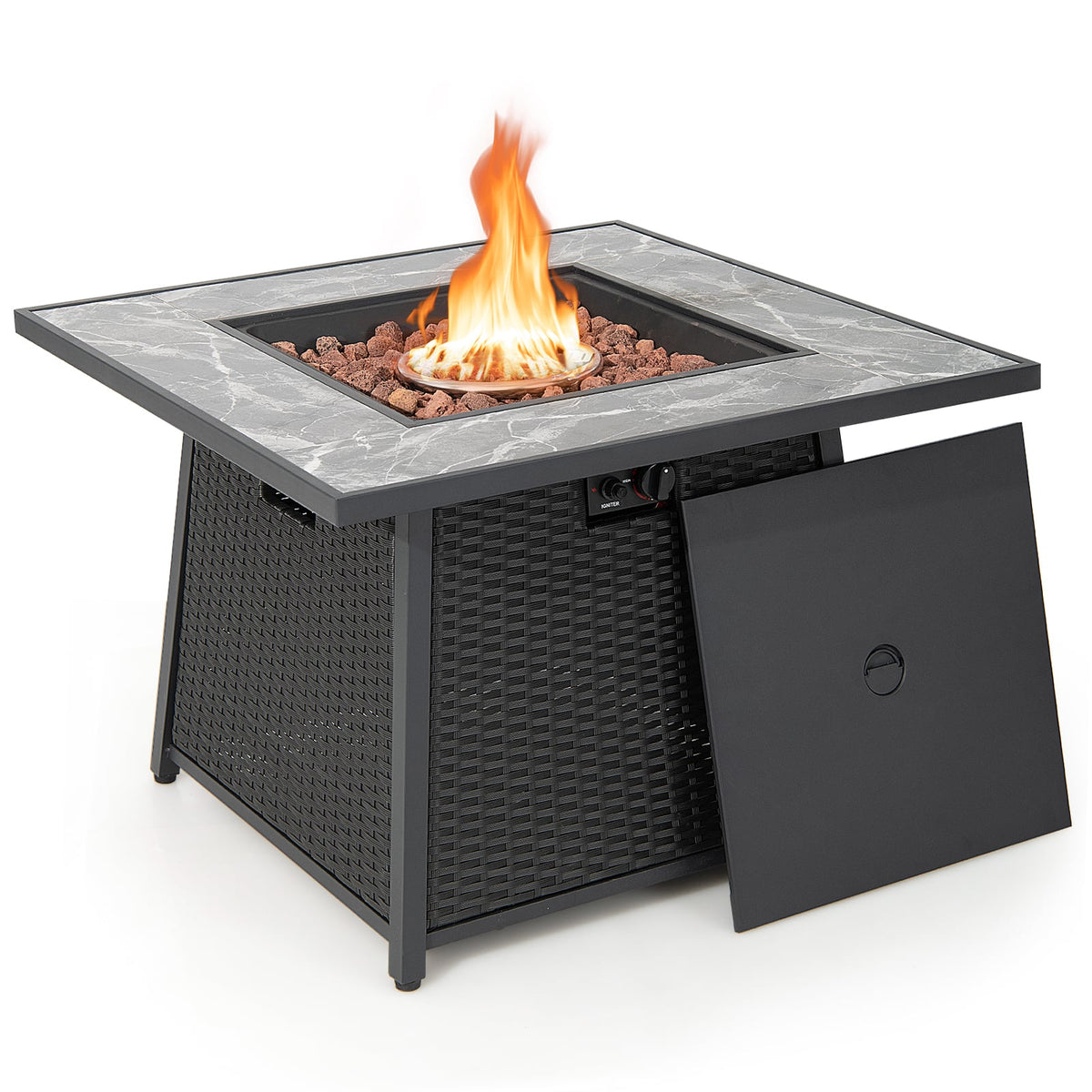 35 Inch Propane Gas Fire Pit Table Wicker Rattan with Lava Rocks PVC Cover-Black-Fire Pit Tables-DECOROLALA