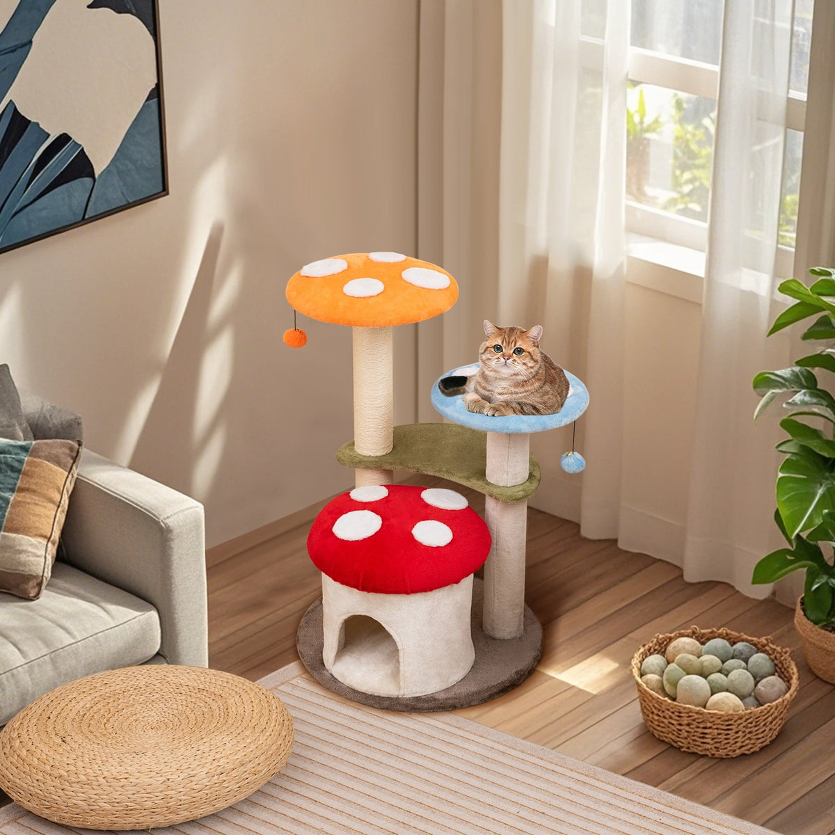 35 Inch Tall Cat Tower with Sisal Scratching Posts Cat Condo and Padded Platforms-Multicolor-Cat Trees & Scratchers-DECOROLALA