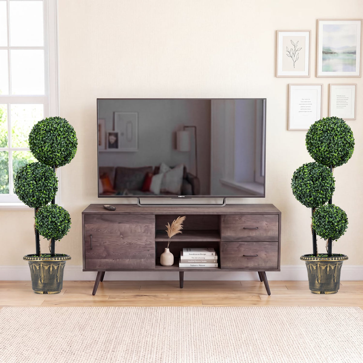 35 Inches Artificial Boxwood Topiary Tree Triple Ball Shrubs-Artificial Plants-DECOROLALA