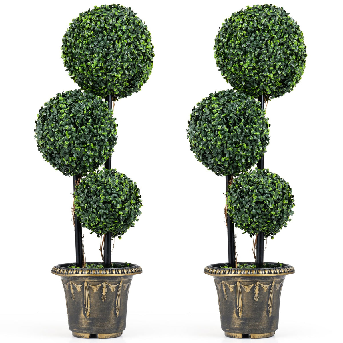 35 Inches Artificial Boxwood Topiary Tree Triple Ball Shrubs Set of 2-Artificial Plants-DECOROLALA