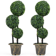 35 Inches Artificial Boxwood Topiary Tree Triple Ball Shrubs Set of 2-Artificial Plants-DECOROLALA