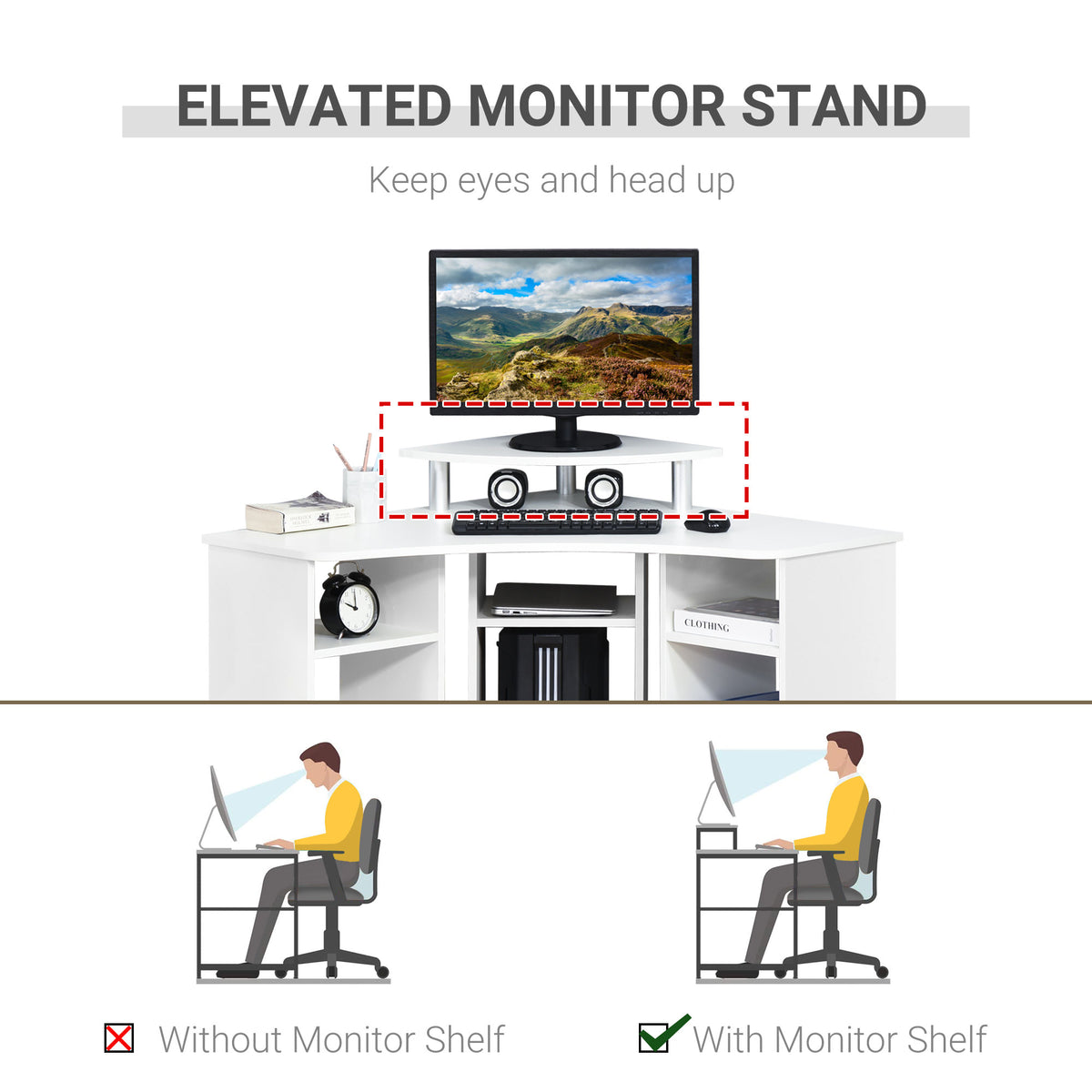 35" L-Shaped Computer Desk with Monitor Stand - White-Office Products > Office Furniture > Office Desks & Work Stations > Computer Desks-DECOROLALA