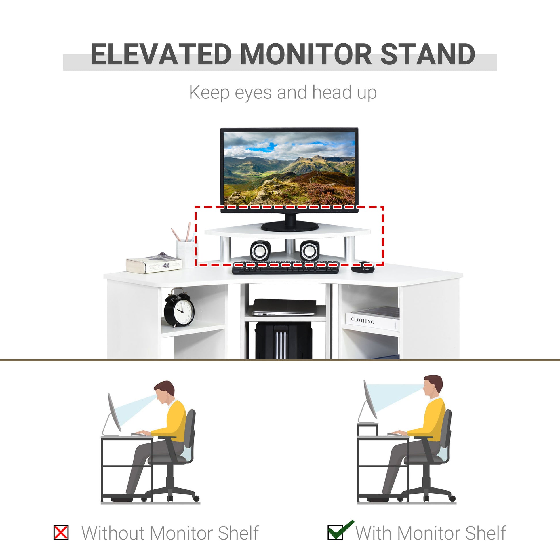 35" L-Shaped Computer Desk with Monitor Stand and Open Shelves, Home Office Corner Desk Study Workstation for Small Space, White-Office Products > Office Furniture > Office Desks & Work Stations > Computer Desks-DECOROLALA