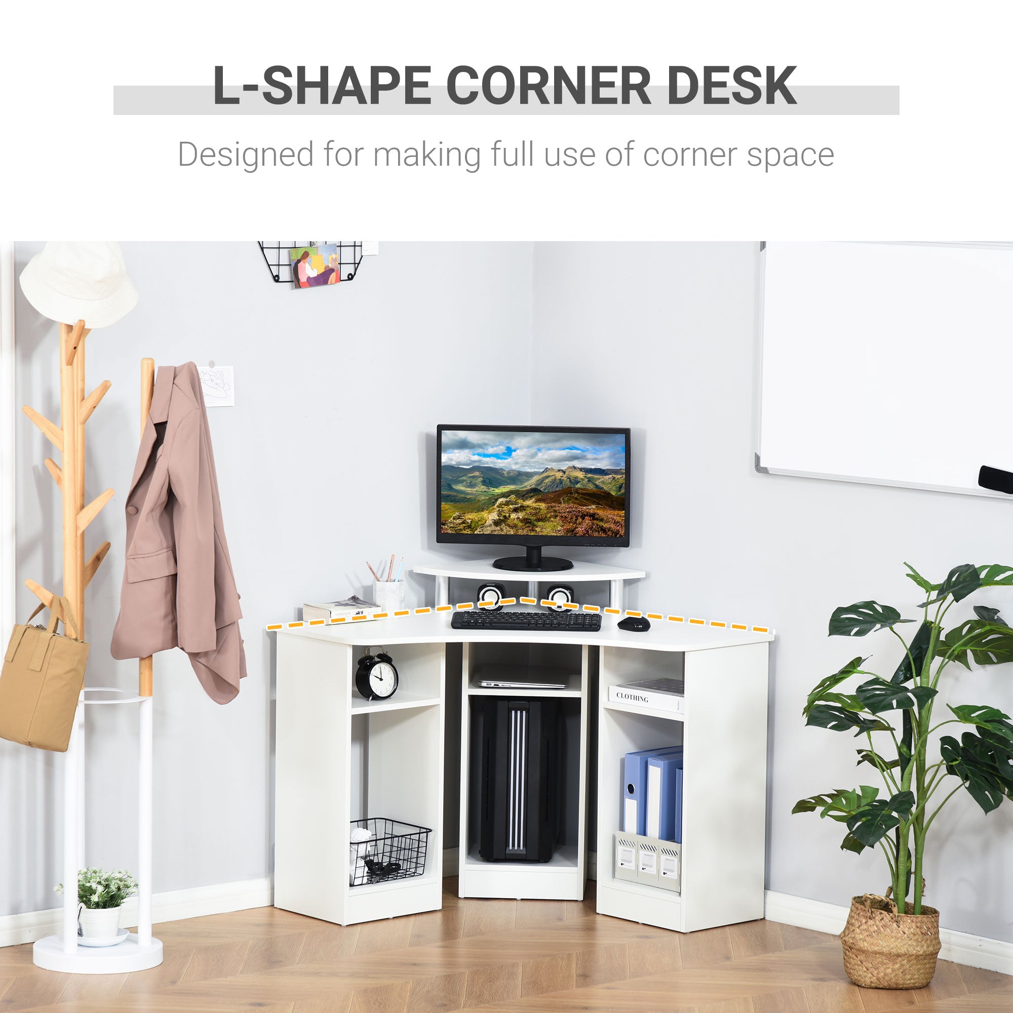 35" L-Shaped Computer Desk with Monitor Stand and Open Shelves, Home Office Corner Desk Study Workstation for Small Space, White-Office Products > Office Furniture > Office Desks & Work Stations > Computer Desks-DECOROLALA