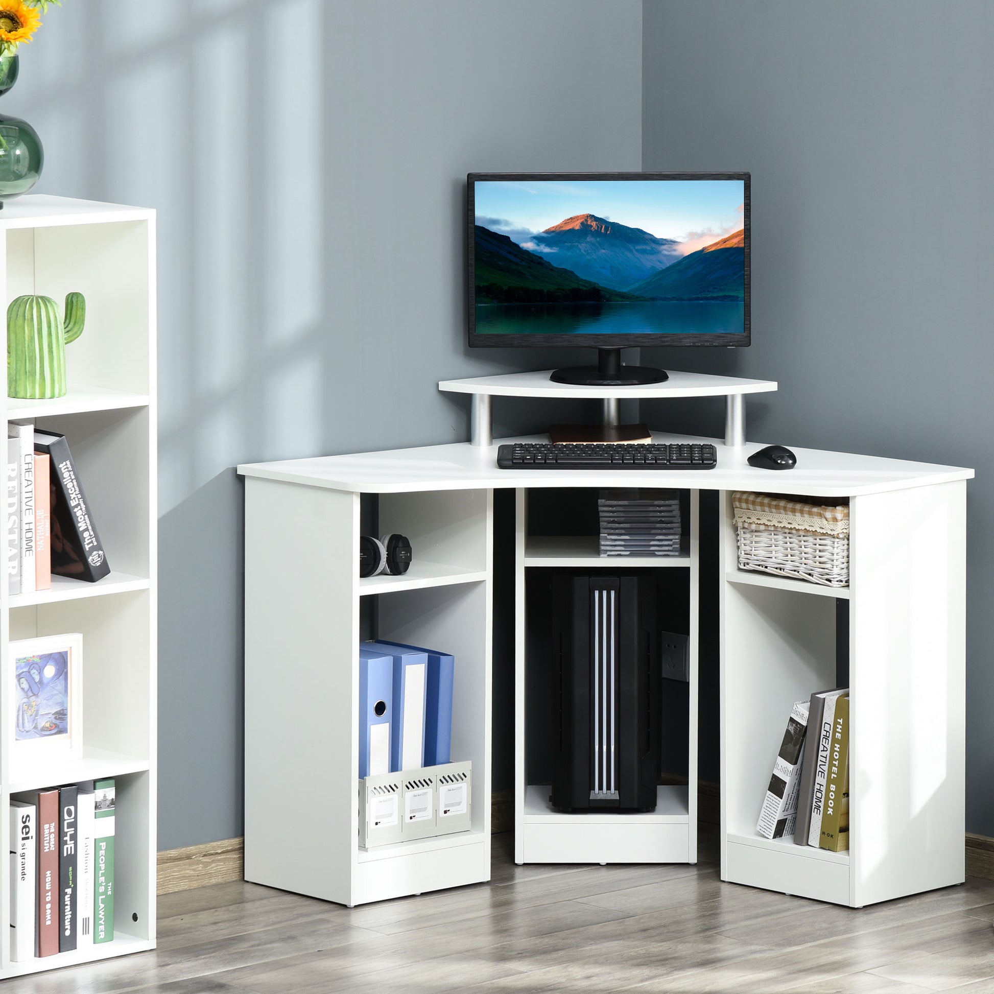 35" L-Shaped Computer Desk with Monitor Stand and Open Shelves, Home Office Corner Desk Study Workstation for Small Space, White-Office Products > Office Furniture > Office Desks & Work Stations > Computer Desks-DECOROLALA