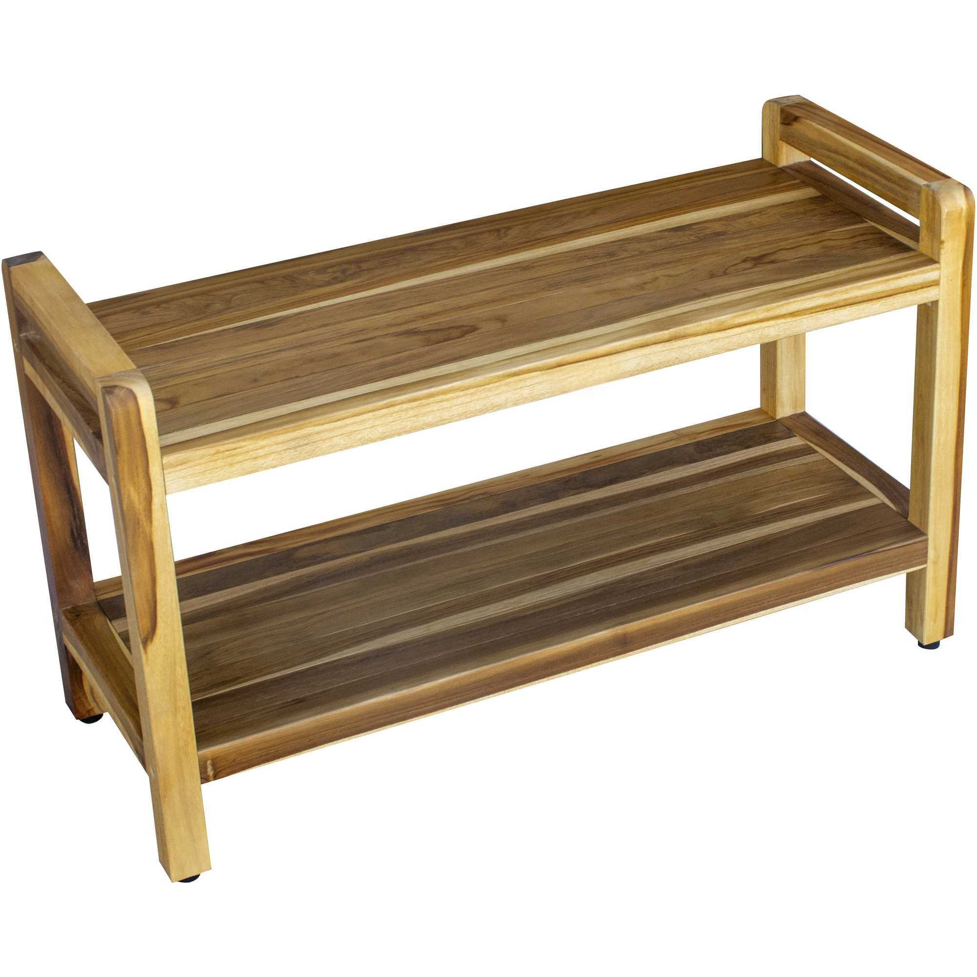 35" Natural Teak Rectangular Shower Bench With Shelf-Shower Benches-DECOROLALA