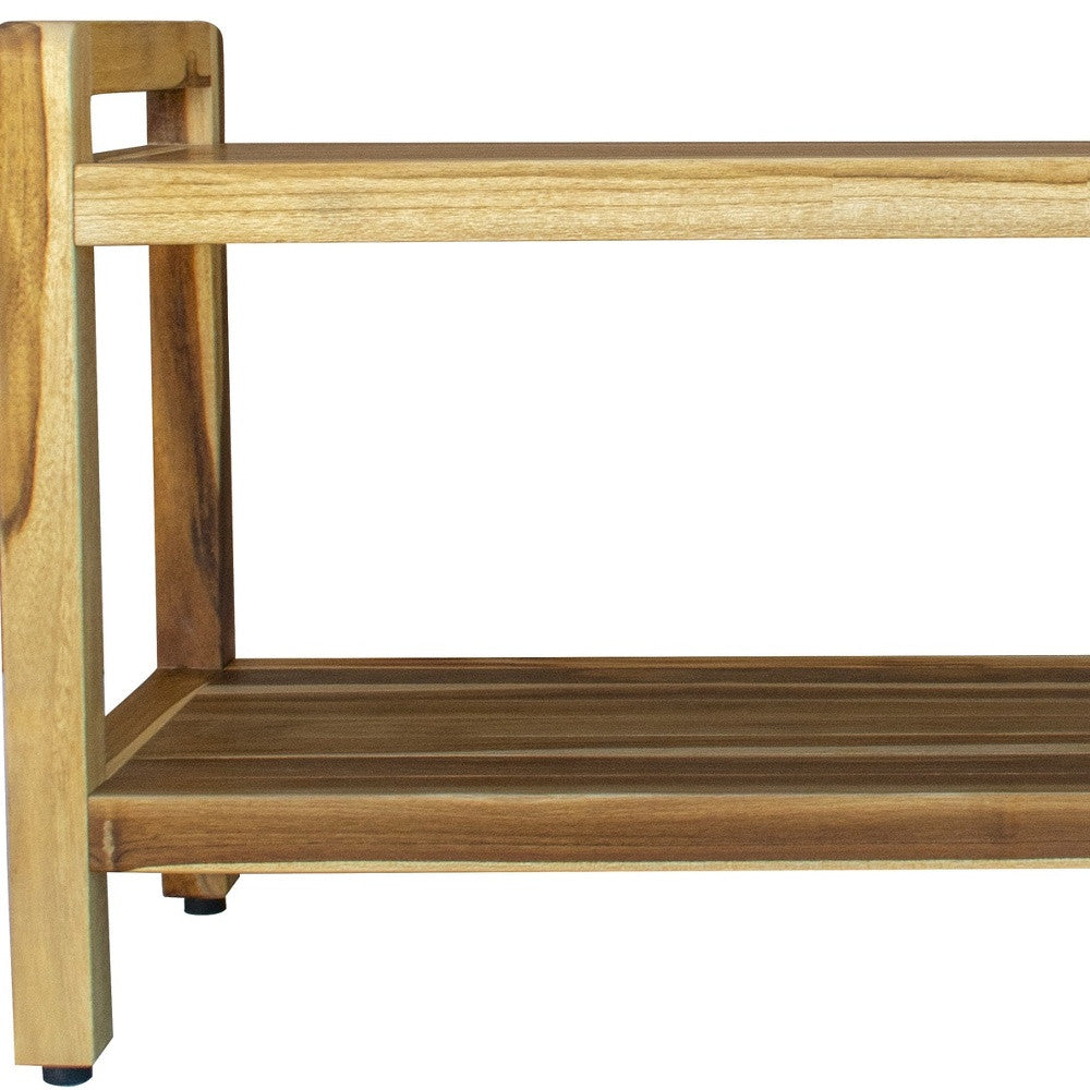 35" Natural Teak Rectangular Shower Bench With Shelf-Shower Benches-DECOROLALA