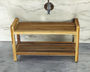35" Natural Teak Rectangular Shower Bench With Shelf-Shower Benches-DECOROLALA