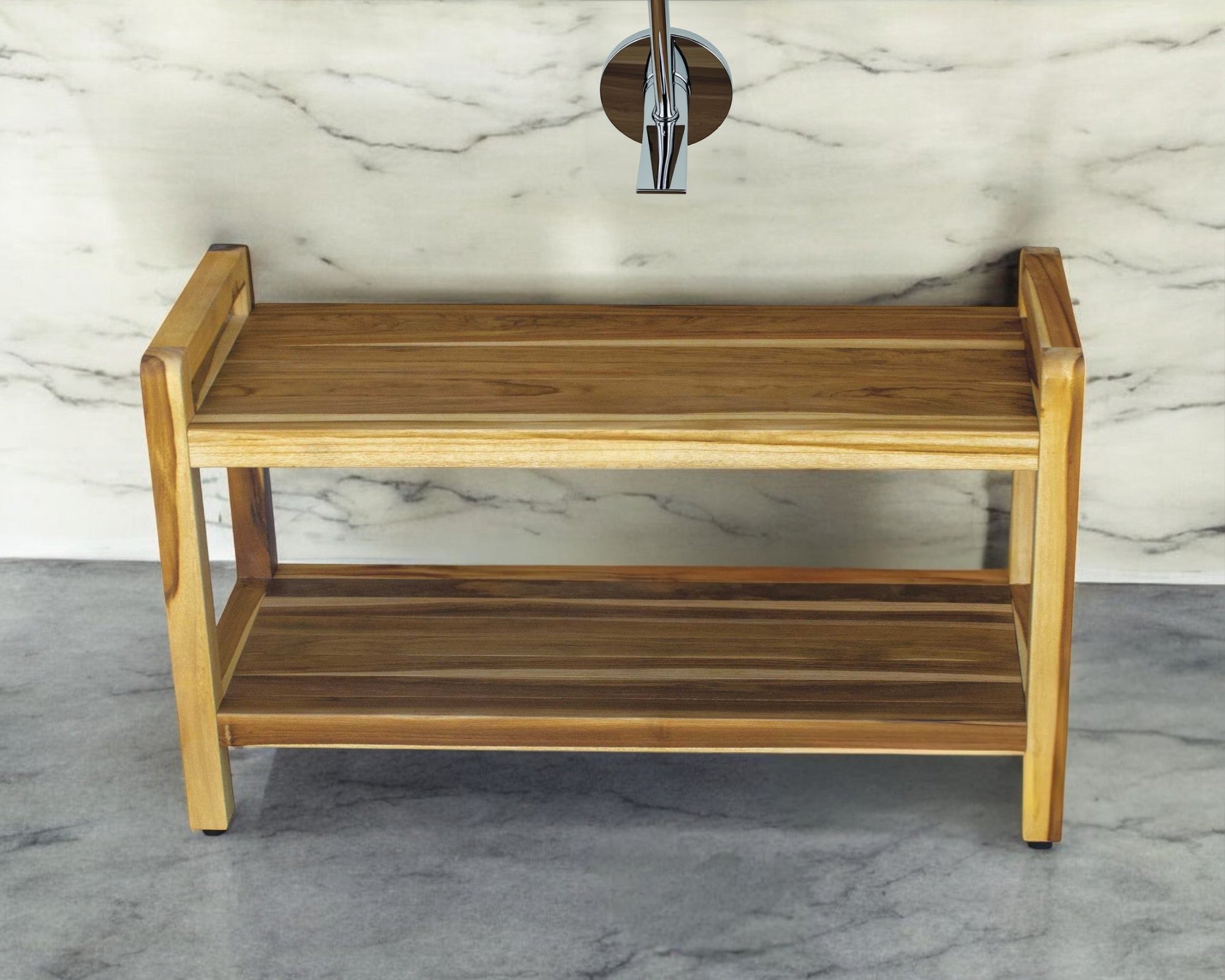 35" Natural Teak Rectangular Shower Bench With Shelf-Shower Benches-DECOROLALA
