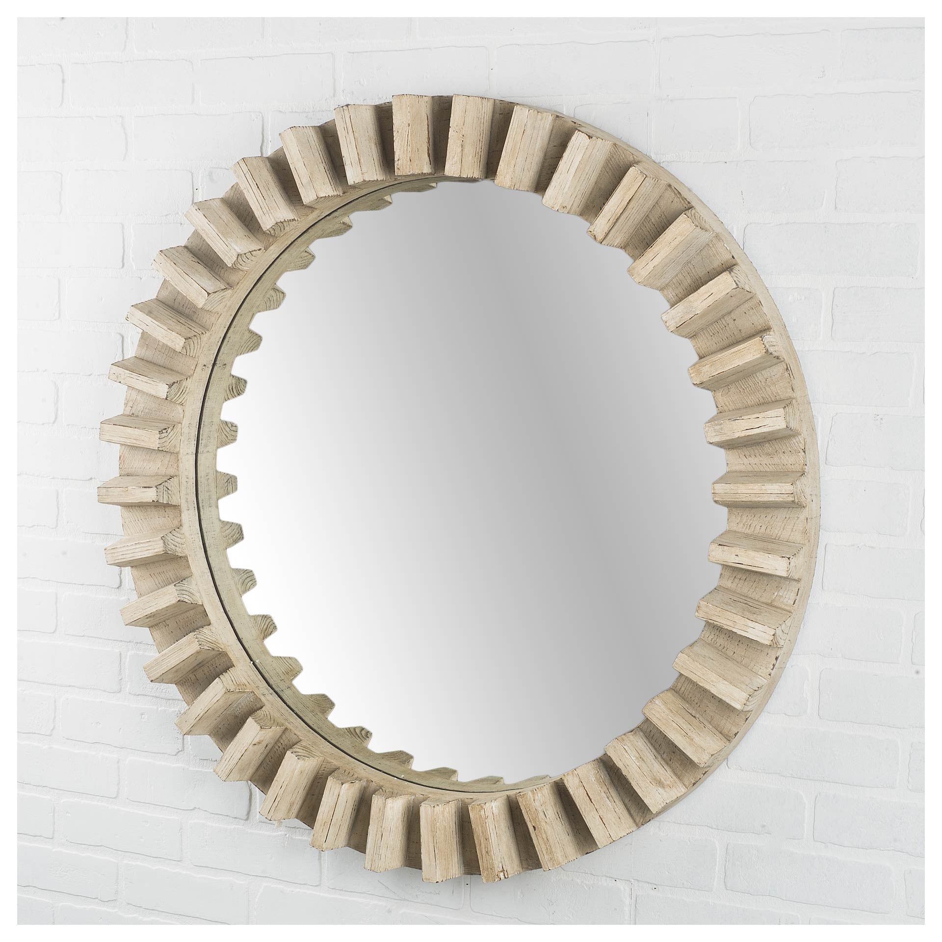 35" Round Natural Brown Wood Frame Wall Mirror-Mirrors-DECOROLALA