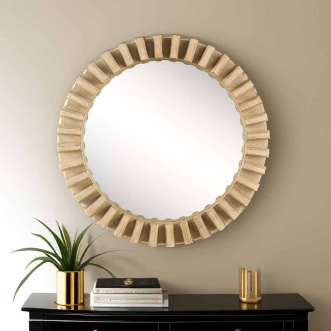 35" Round Natural Brown Wood Frame Wall Mirror-Mirrors-DECOROLALA