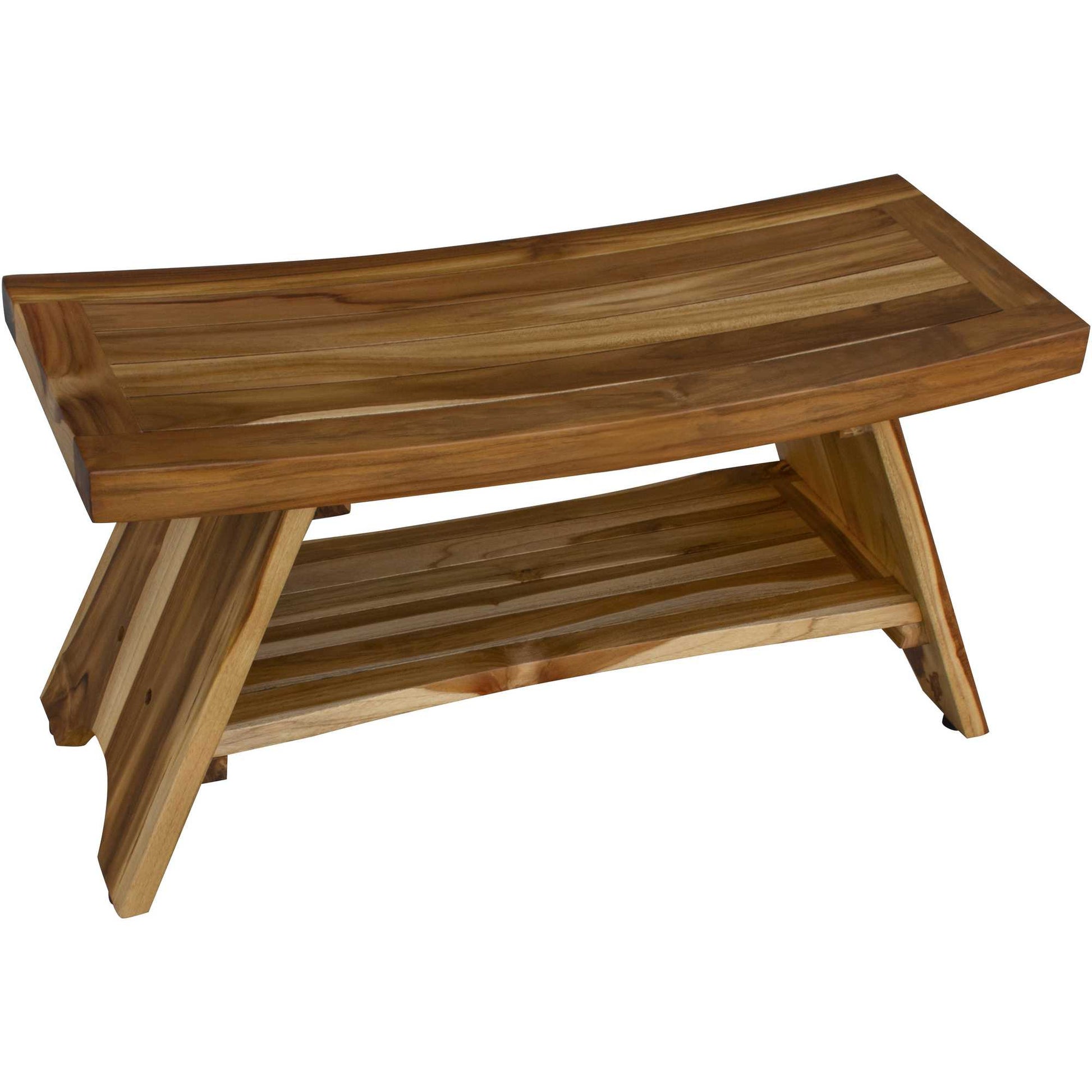 35" Teak Rectangular Shower Outdoor Bench With Shelf In Natural Finish-Shower Benches-DECOROLALA