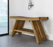 35" Teak Rectangular Shower Outdoor Bench With Shelf In Natural Finish-Shower Benches-DECOROLALA