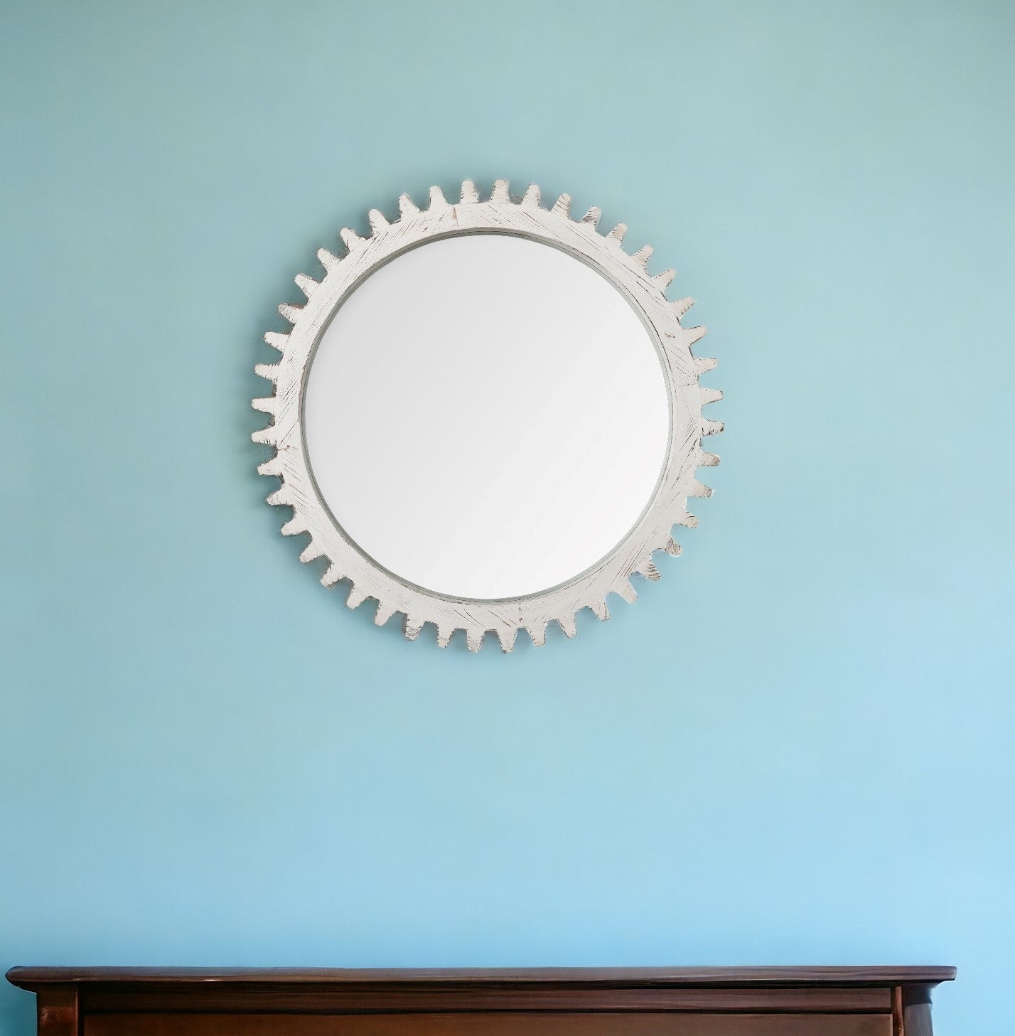 35" White Abstract Wood Framed Accent Mirror-Mirrors-DECOROLALA