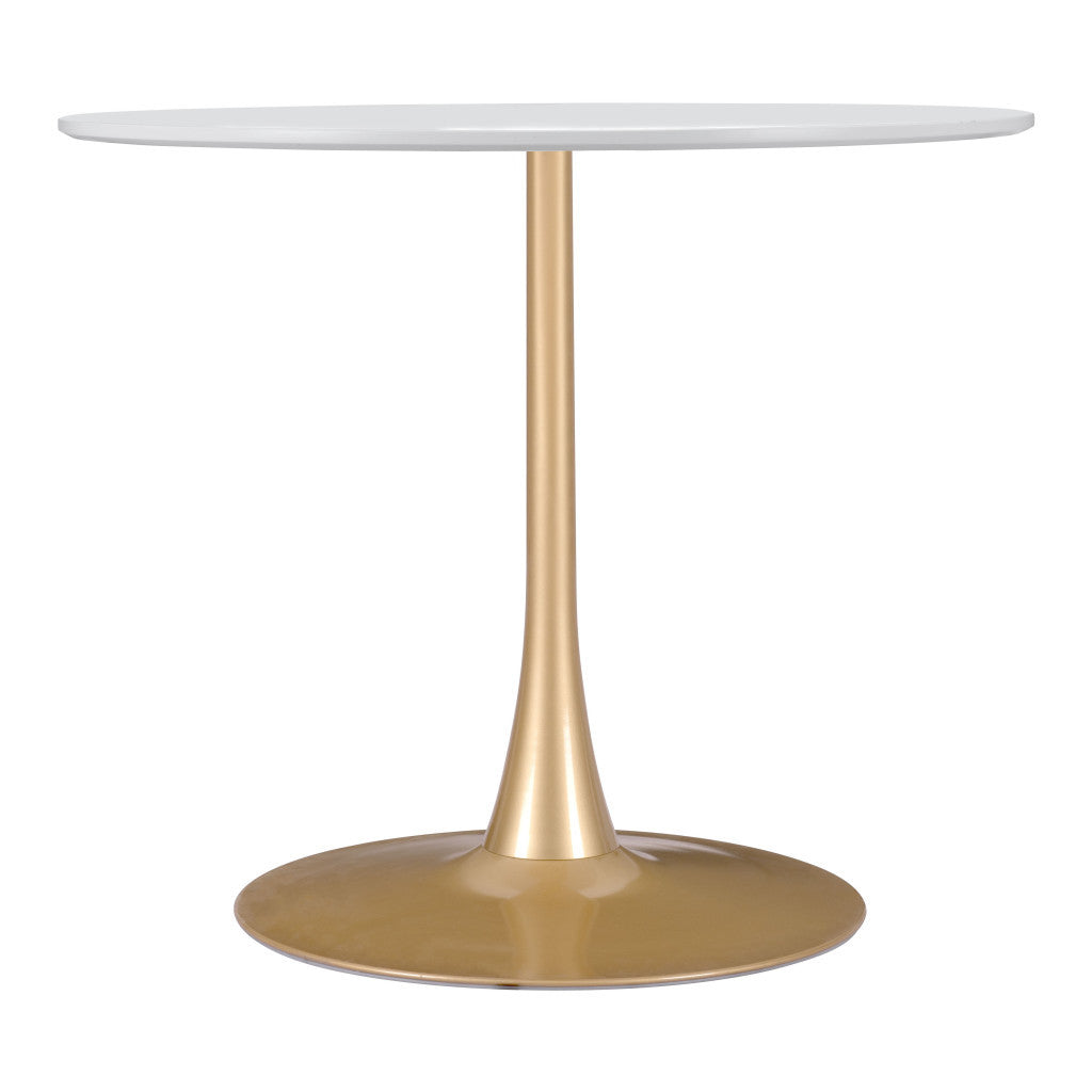 35" White And Gold Rounded Steel Pedestal Base Dining Table-Dining Tables-DECOROLALA