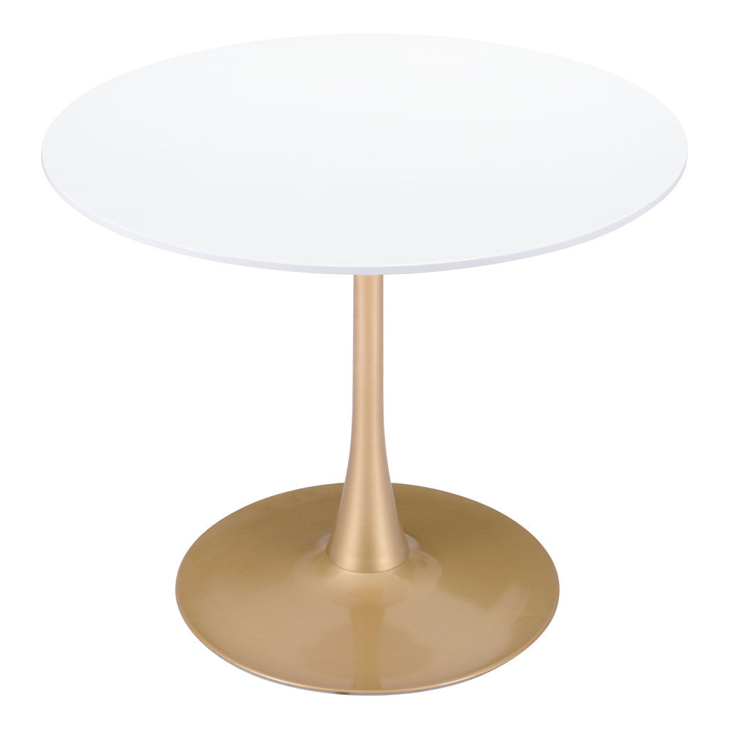 35" White And Gold Rounded Steel Pedestal Base Dining Table-Dining Tables-DECOROLALA